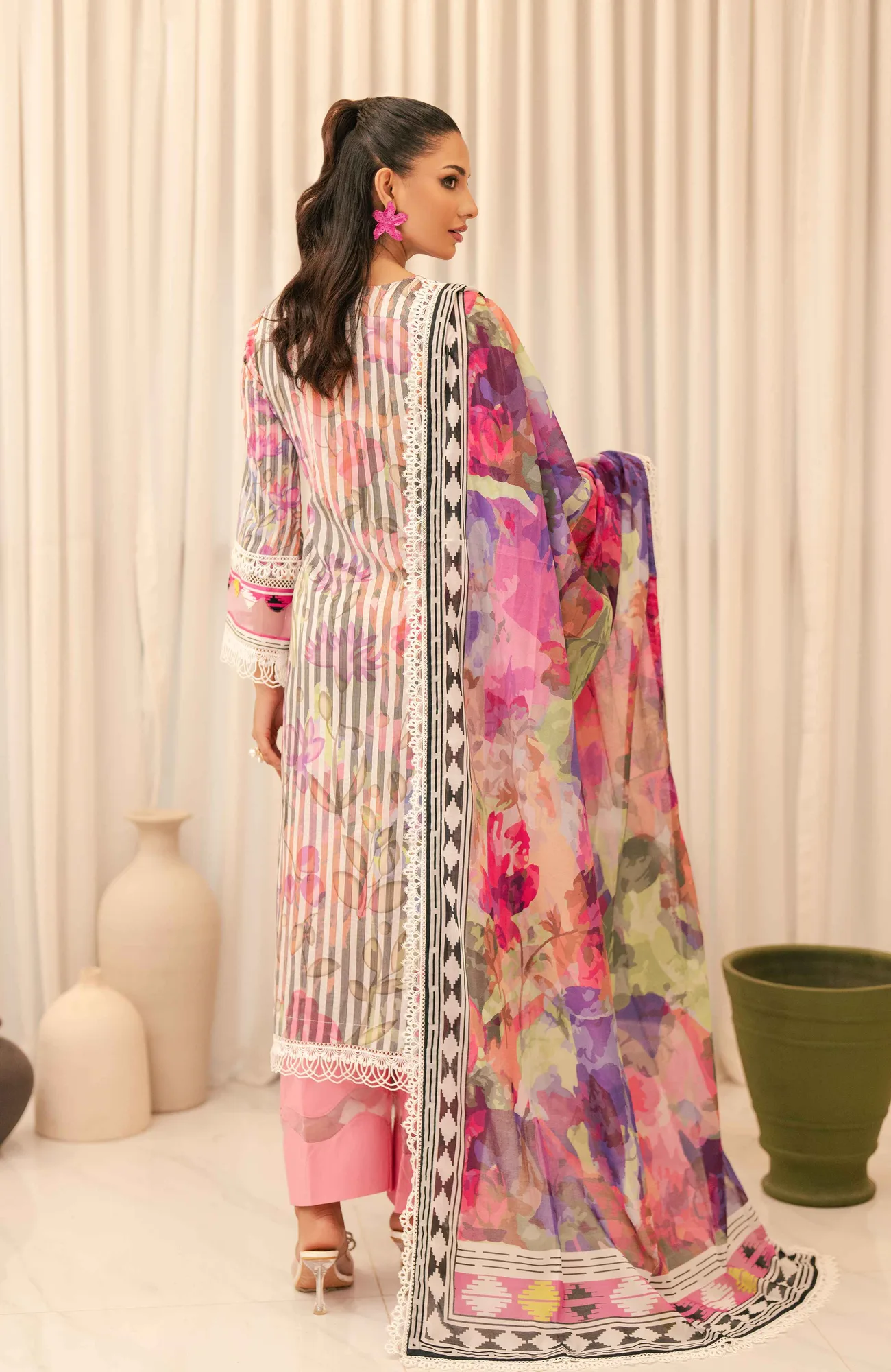 Pink long‑sleeve cotton silk shirt with subtle digital print – view 2 – Poshaq