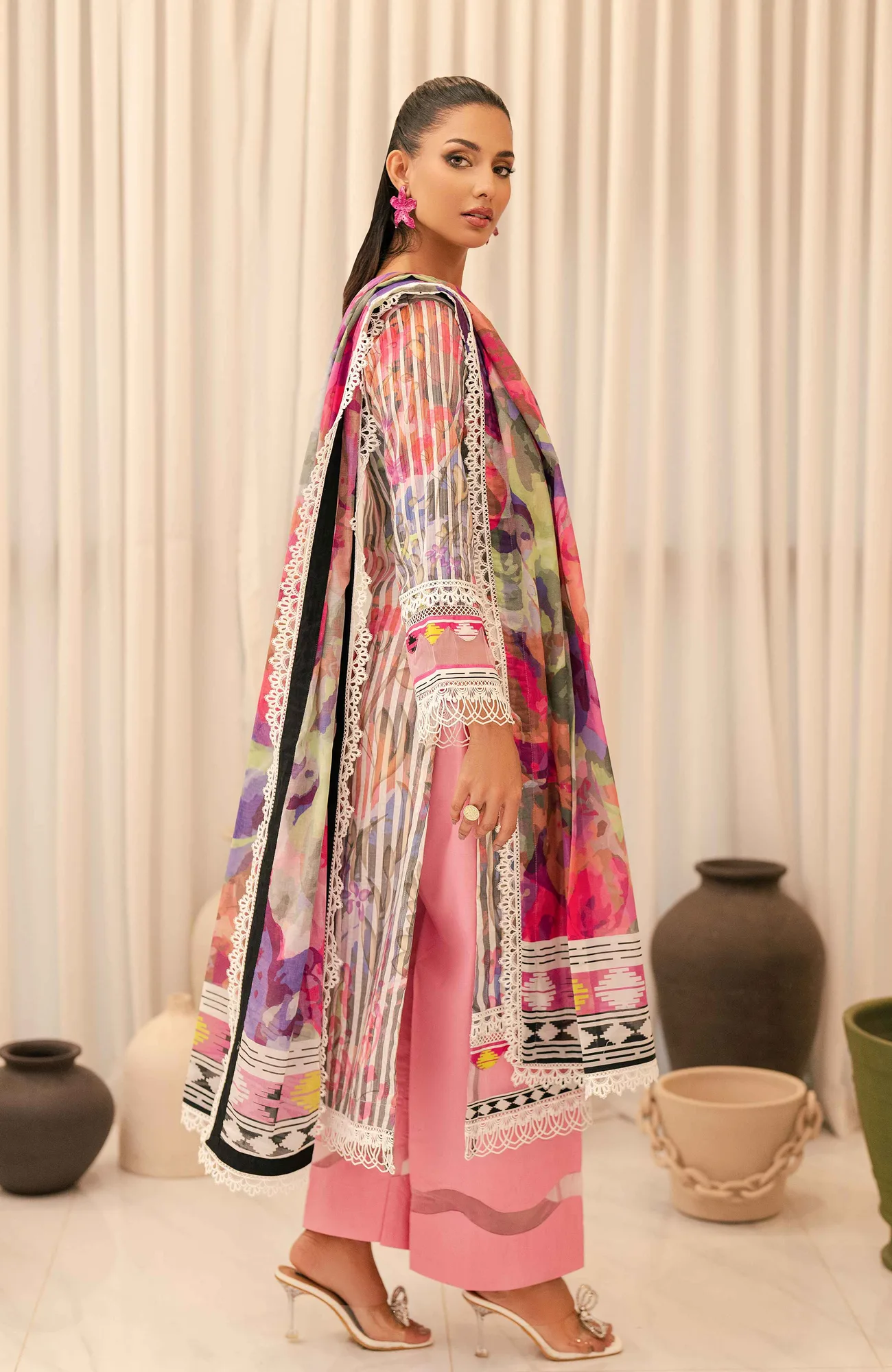 Pink long‑sleeve cotton silk shirt with subtle digital print – view 3 – Poshaq