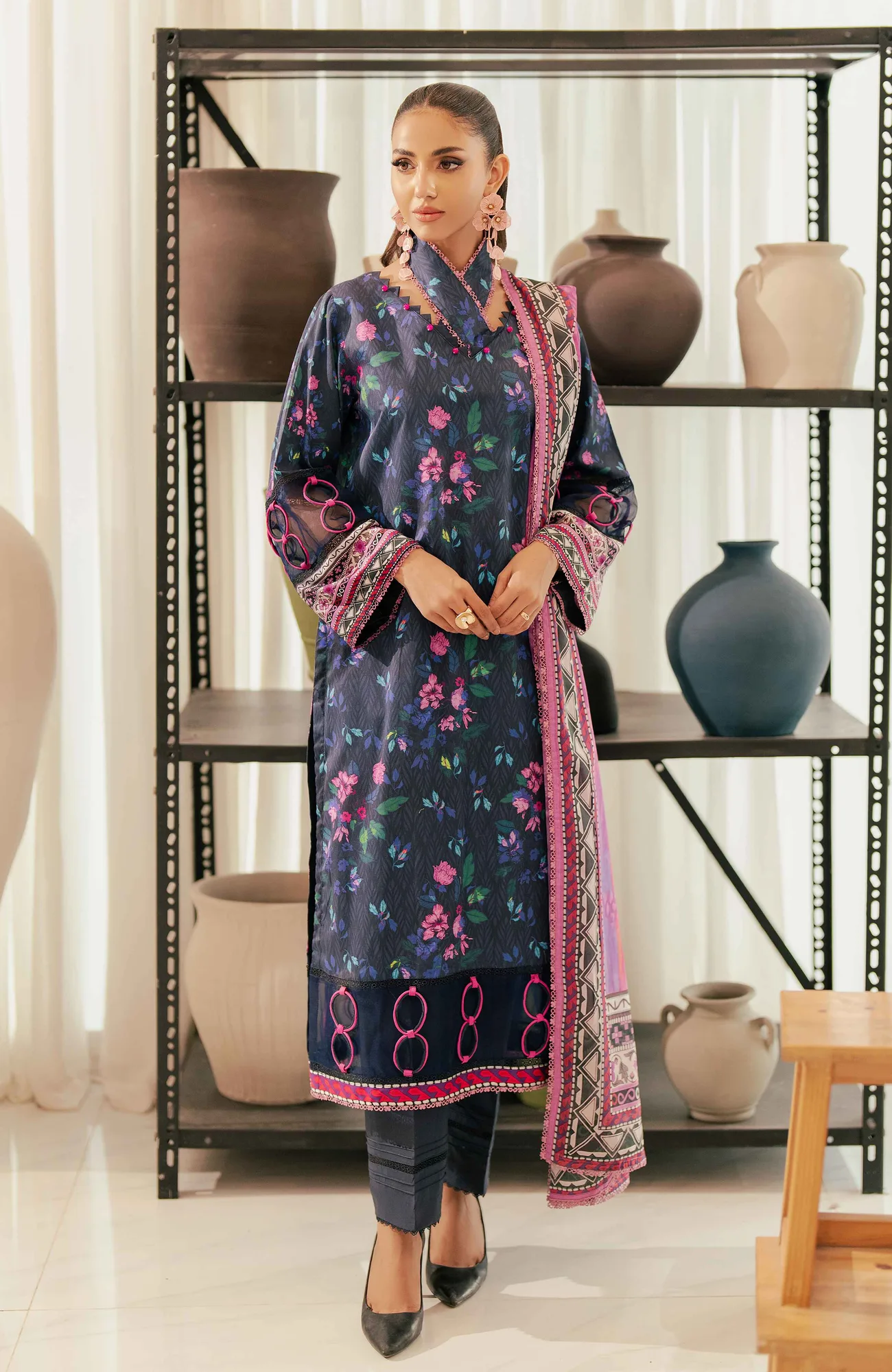 Navy long shirt with subtle digital print from Al Zohaib – view 1 – Poshaq
