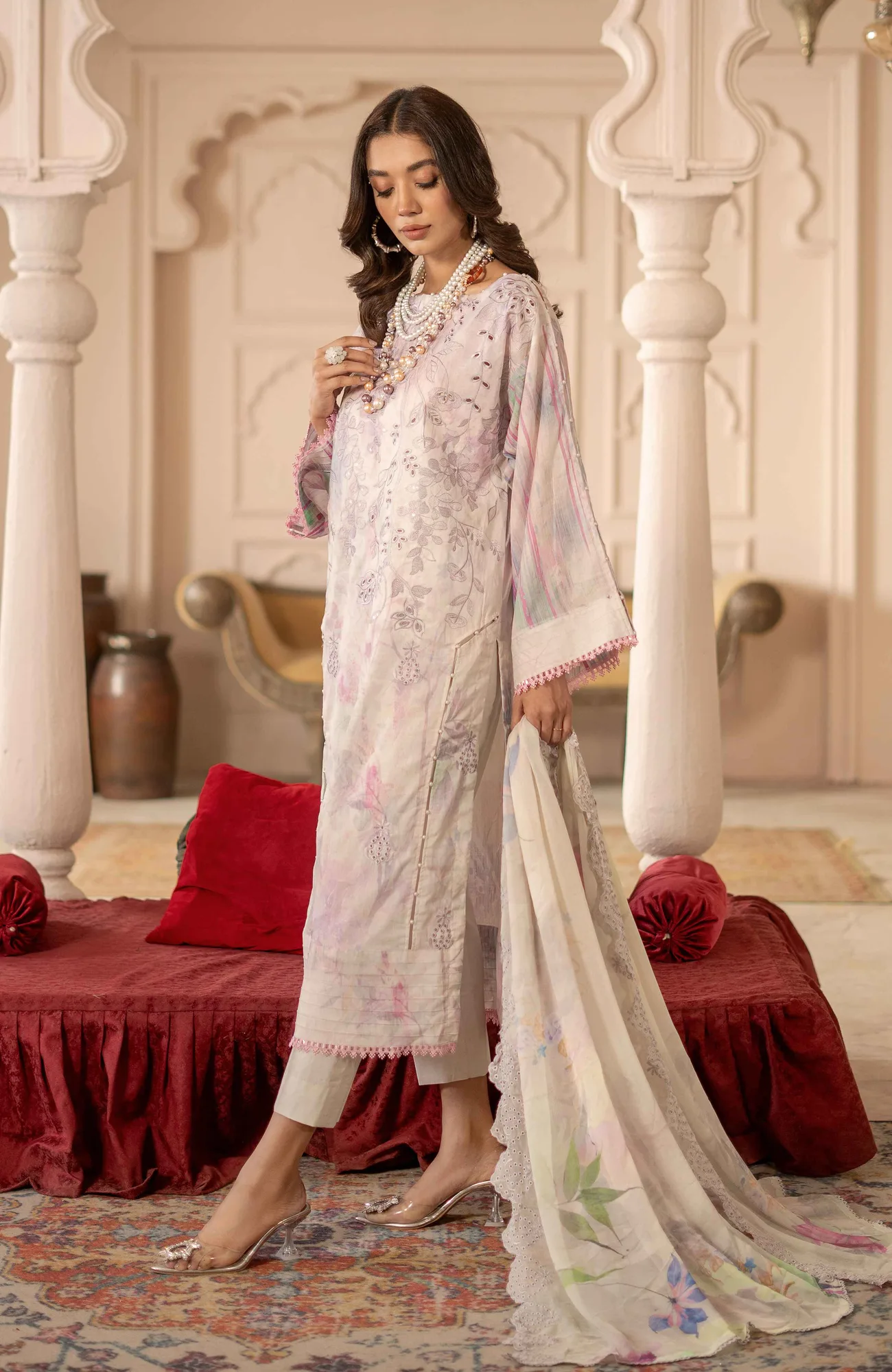 Multi‑coloured long shirt with chiffon sleeves and cambric body – view 3 – Poshaq