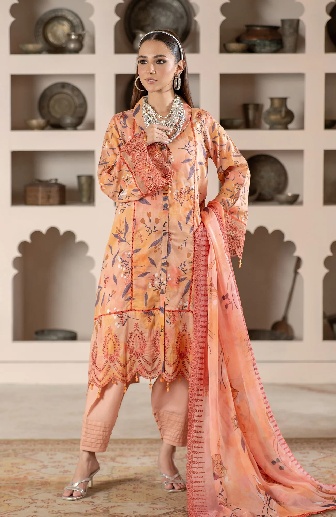 Pale Peach chiffon long shirt with subtle digital print – view 1 – Poshaq