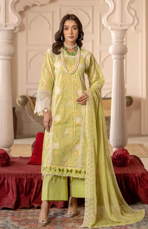 mint green lawn shirt with chiffon and cambric detailing – view 1 – Poshaq