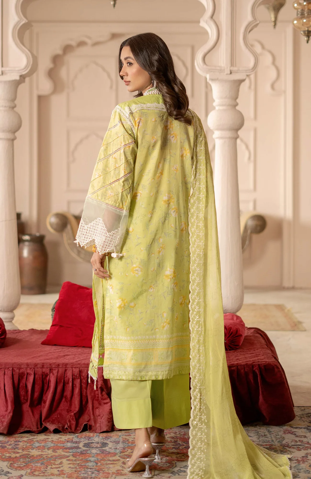mint green lawn shirt with chiffon and cambric detailing – view 2 – Poshaq