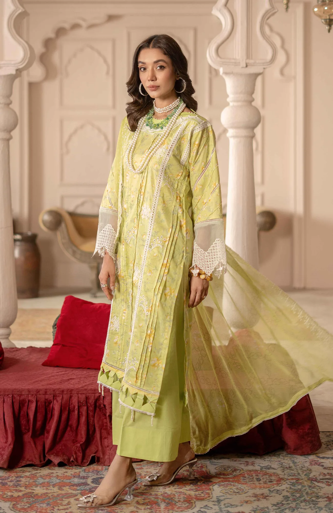 mint green lawn shirt with chiffon and cambric detailing – view 3 – Poshaq