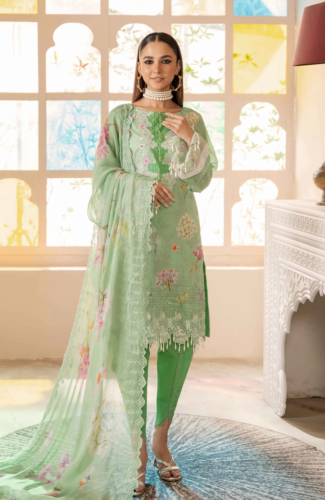 Tea Green luxury lawn long shirt with subtle digital prints – view 1 – Poshaq