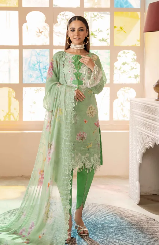 Tea Green luxury lawn long shirt with subtle digital prints – view 1 – Poshaq