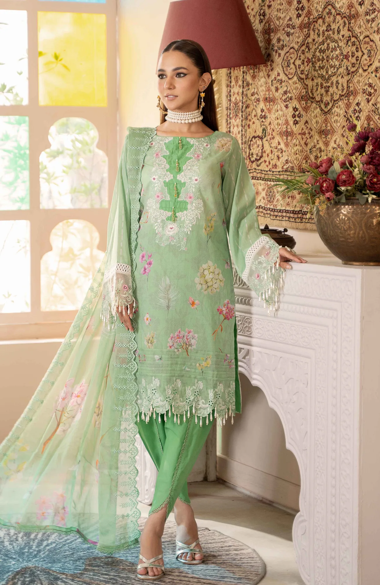 Tea Green luxury lawn long shirt with subtle digital prints – view 2 – Poshaq