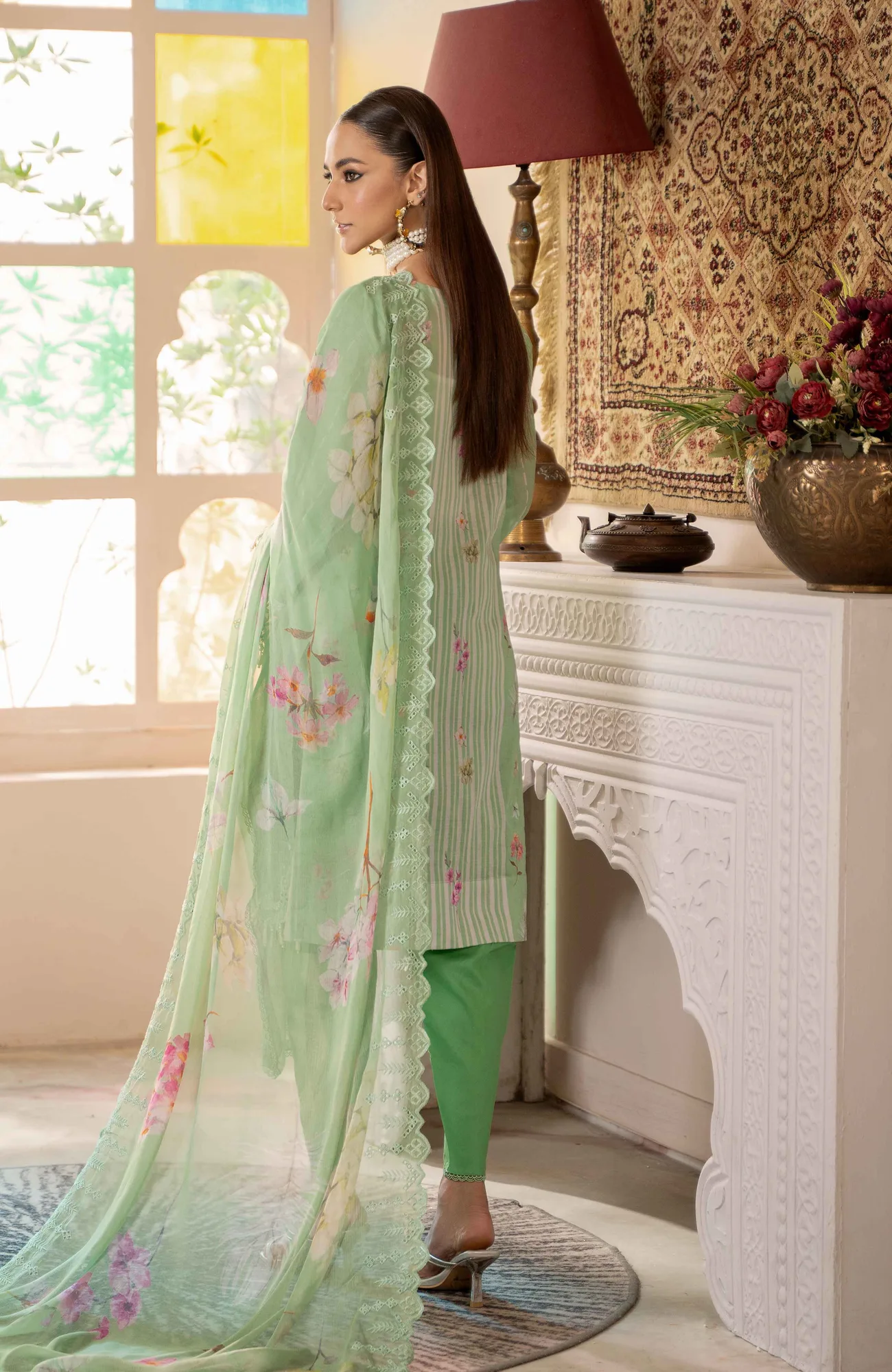Tea Green luxury lawn long shirt with subtle digital prints – view 3 – Poshaq