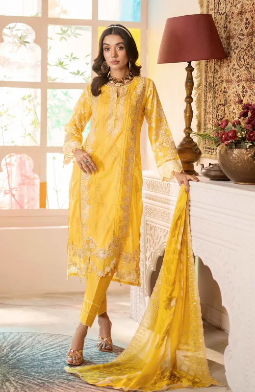 Yellow long shirt with chiffon front and cambric trousers – view 1 – Poshaq