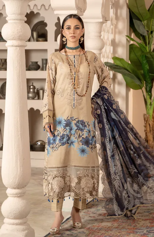 Beige long shirt from Sunshine Bloom Premium Lawn 25 with chiffon and cambric blend – view 1 – Poshaq