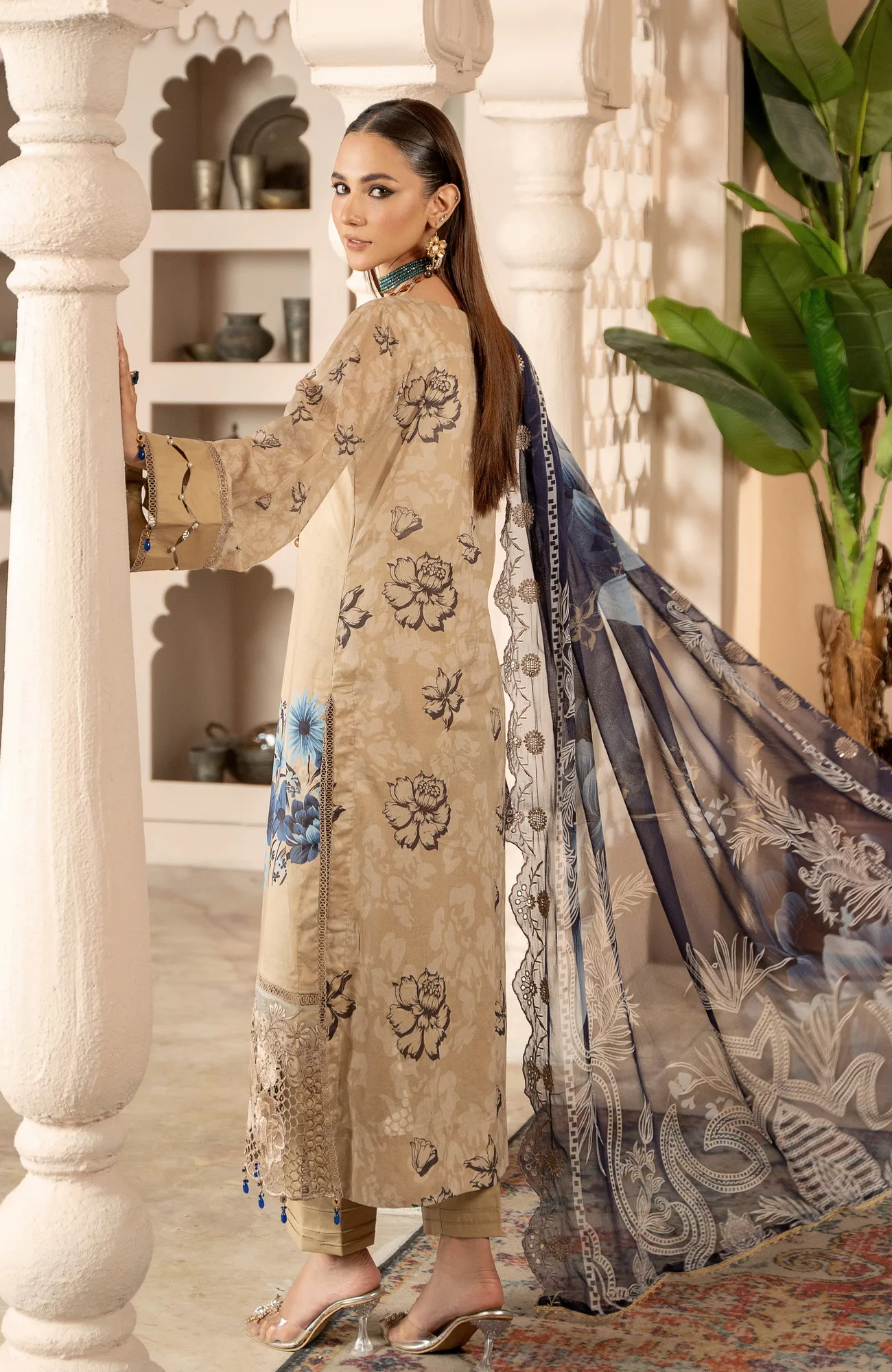 Beige long shirt from Sunshine Bloom Premium Lawn 25 with chiffon and cambric blend – view 2 – Poshaq