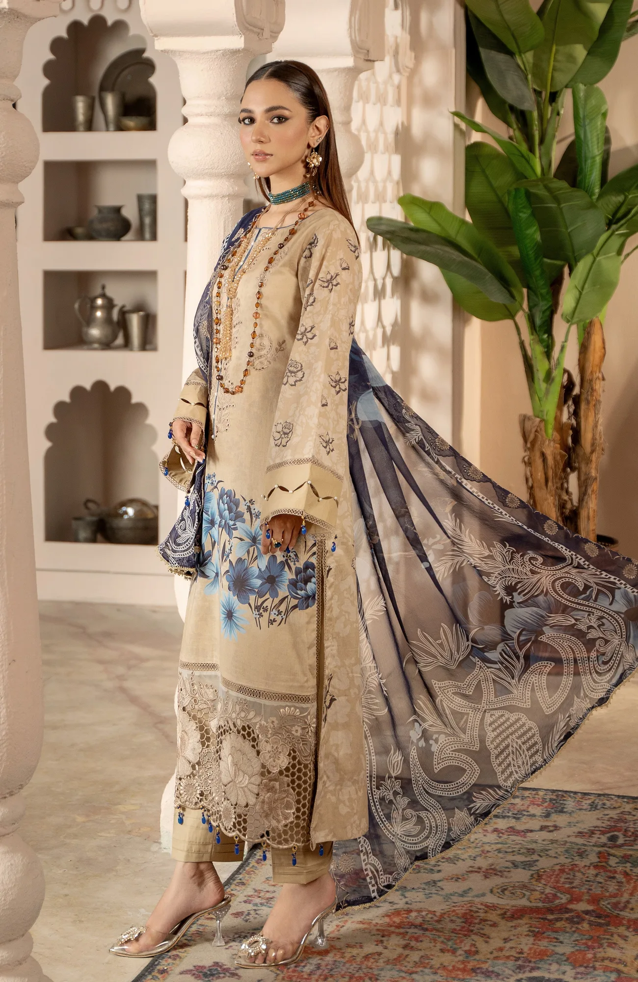 Beige long shirt from Sunshine Bloom Premium Lawn 25 with chiffon and cambric blend – view 3 – Poshaq