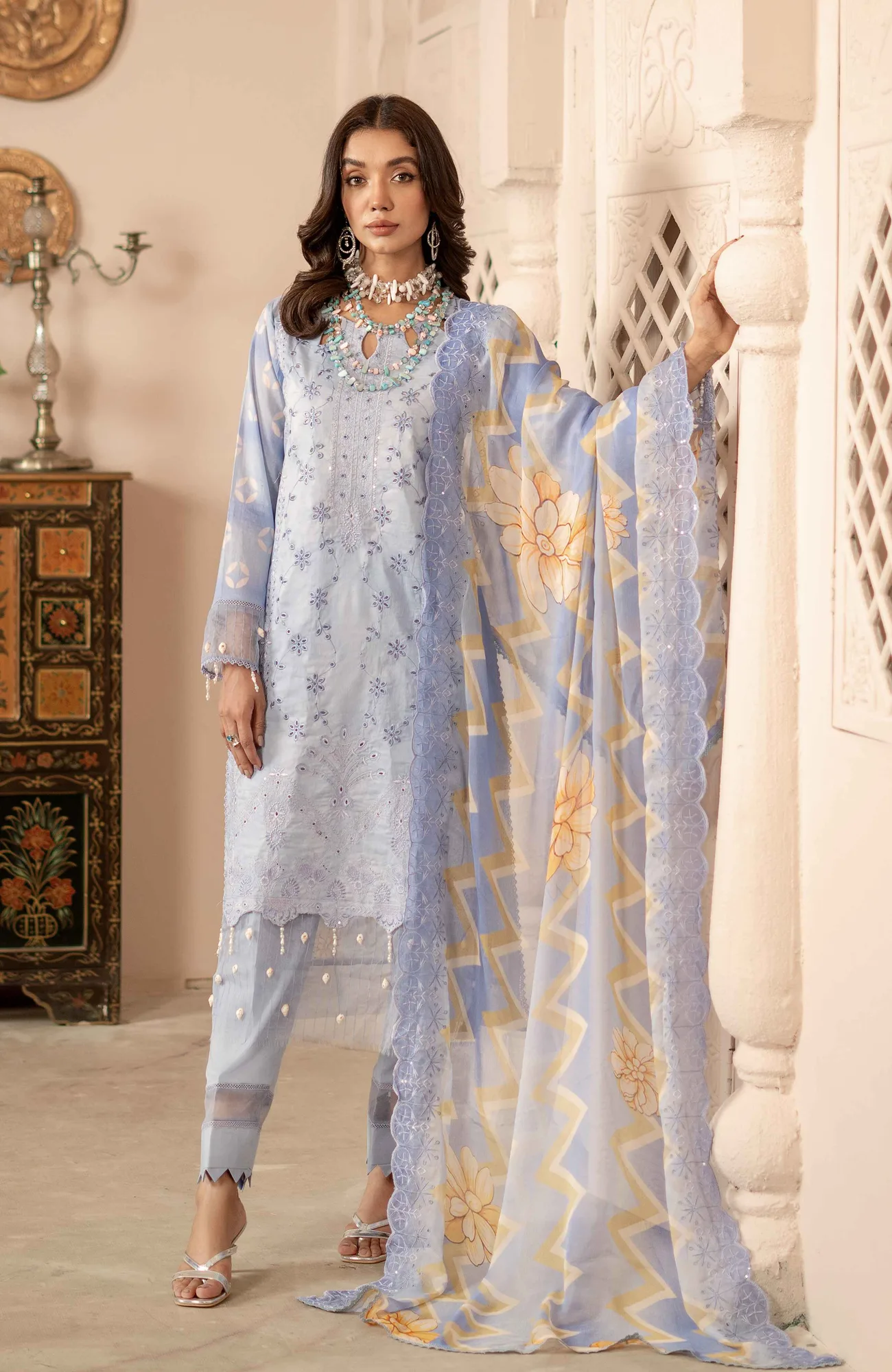 Pastel blue long shirt with digital prints, airy chiffon and cambric fabric – view 1 – Poshaq