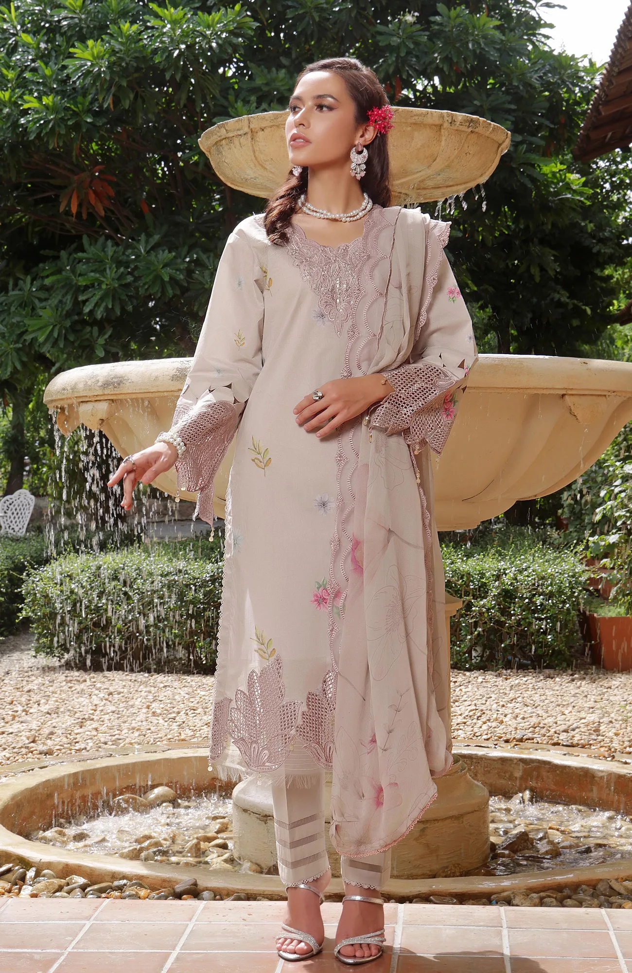 Almond organza and chiffon dress by Al Zohaib with a subtle border detail – view 2 – Poshaq