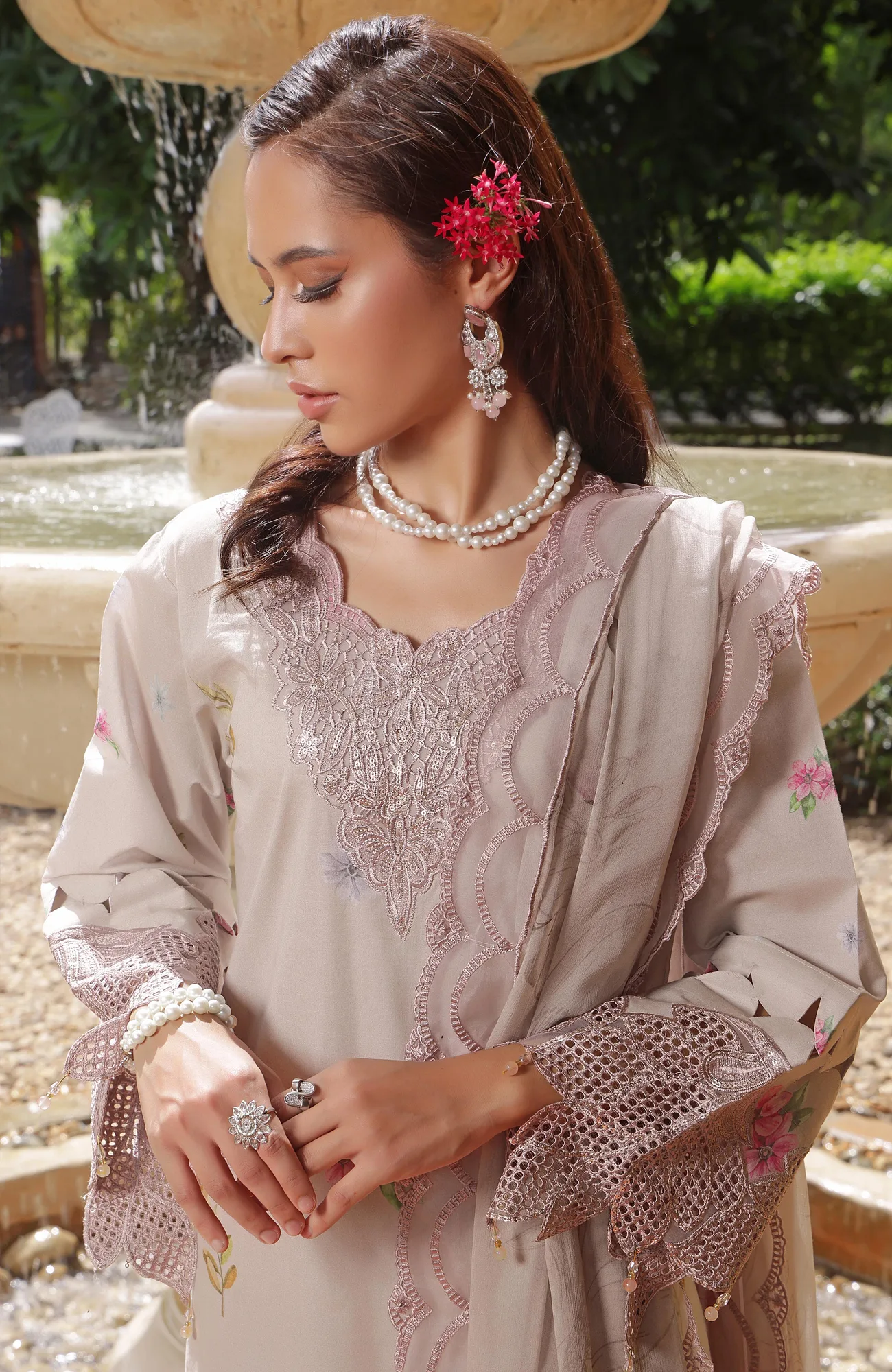 Almond organza and chiffon dress by Al Zohaib with a subtle border detail – view 3 – Poshaq