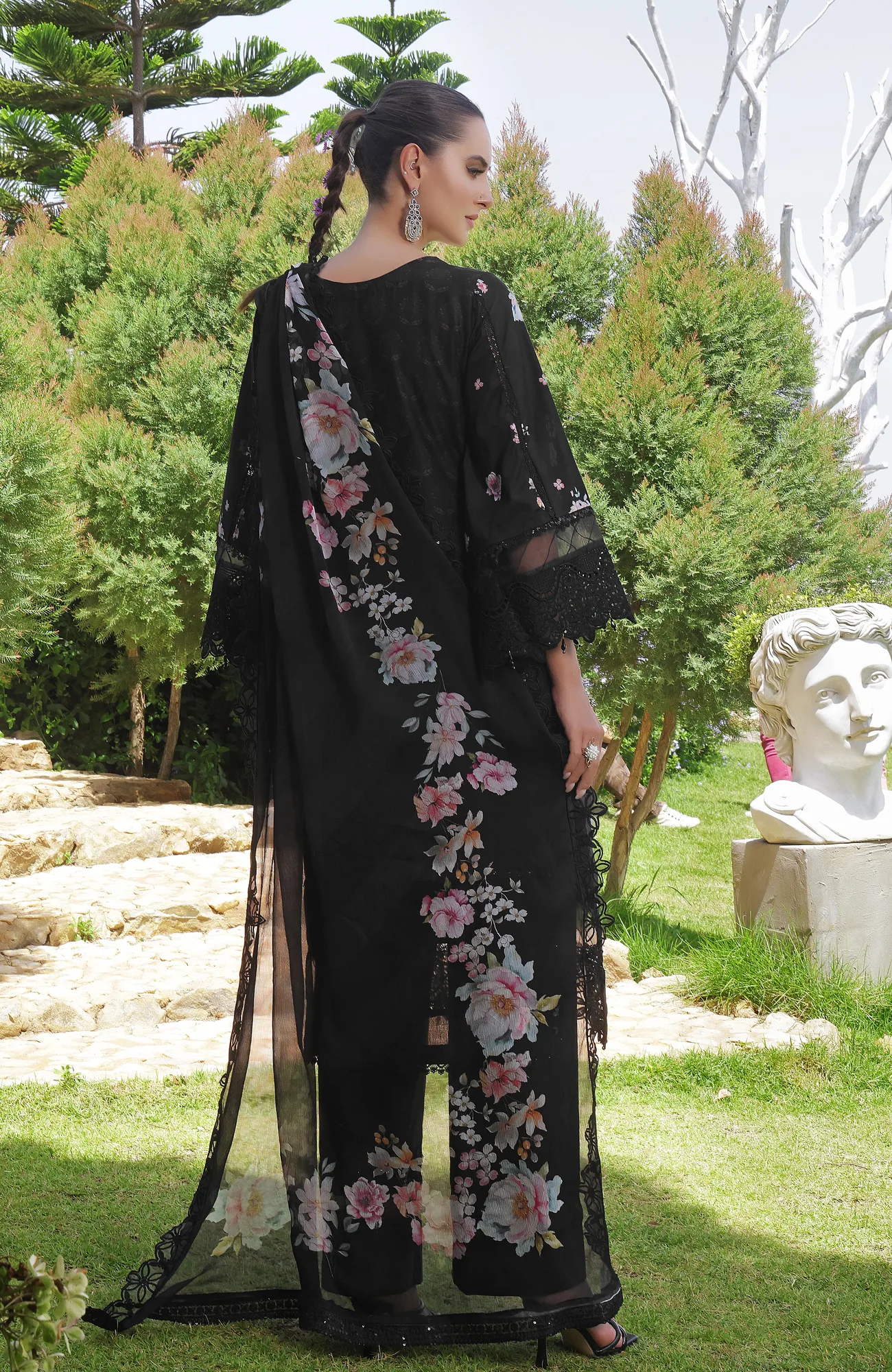 Black organza and chiffon dress with subtle detailing – view 2 – Poshaq