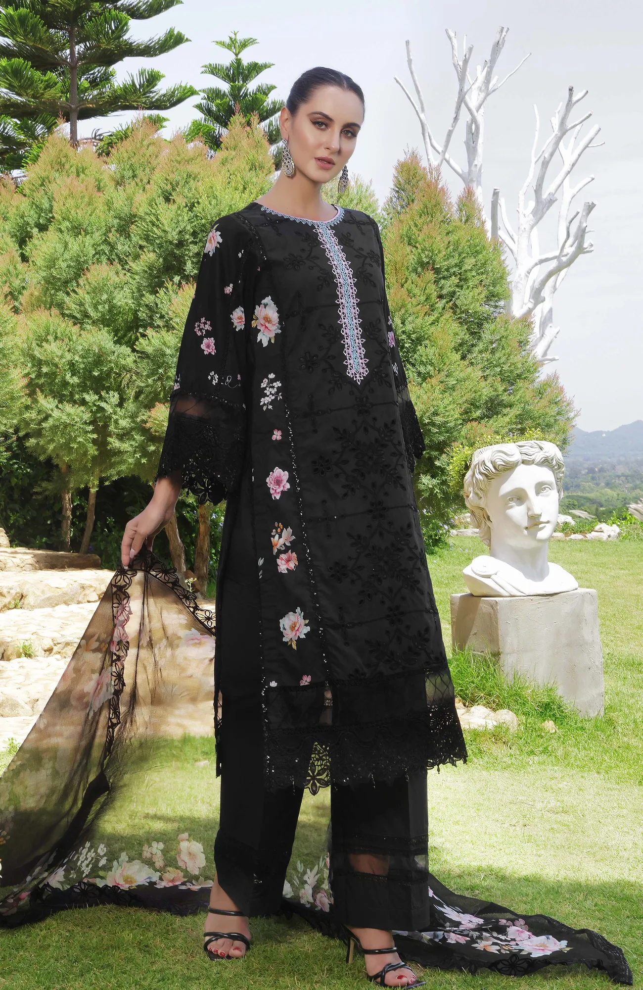 Black organza and chiffon dress with subtle detailing – view 3 – Poshaq