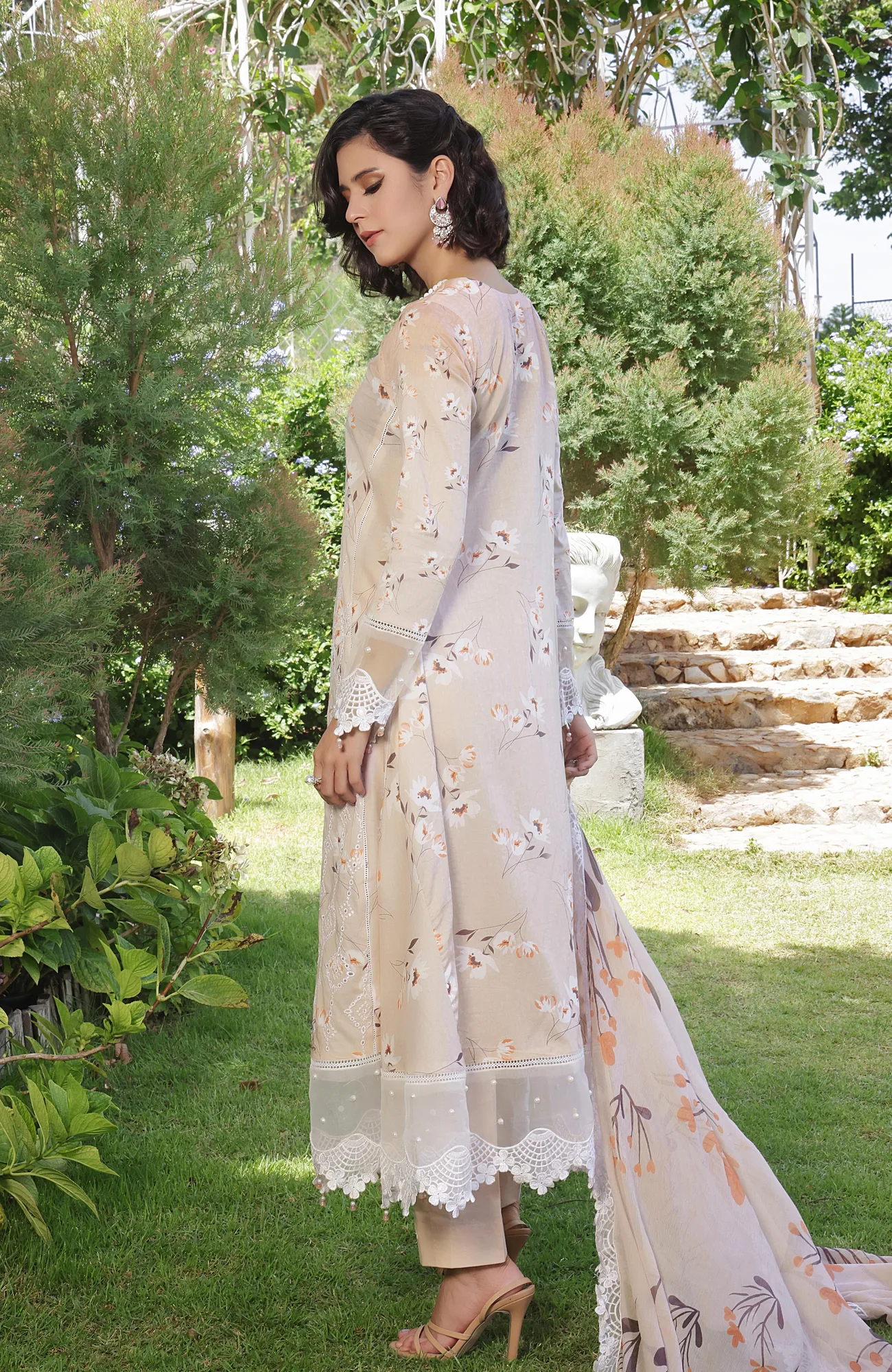 Peach cream chiffon long shirt with organza detailing – view 2 – Poshaq