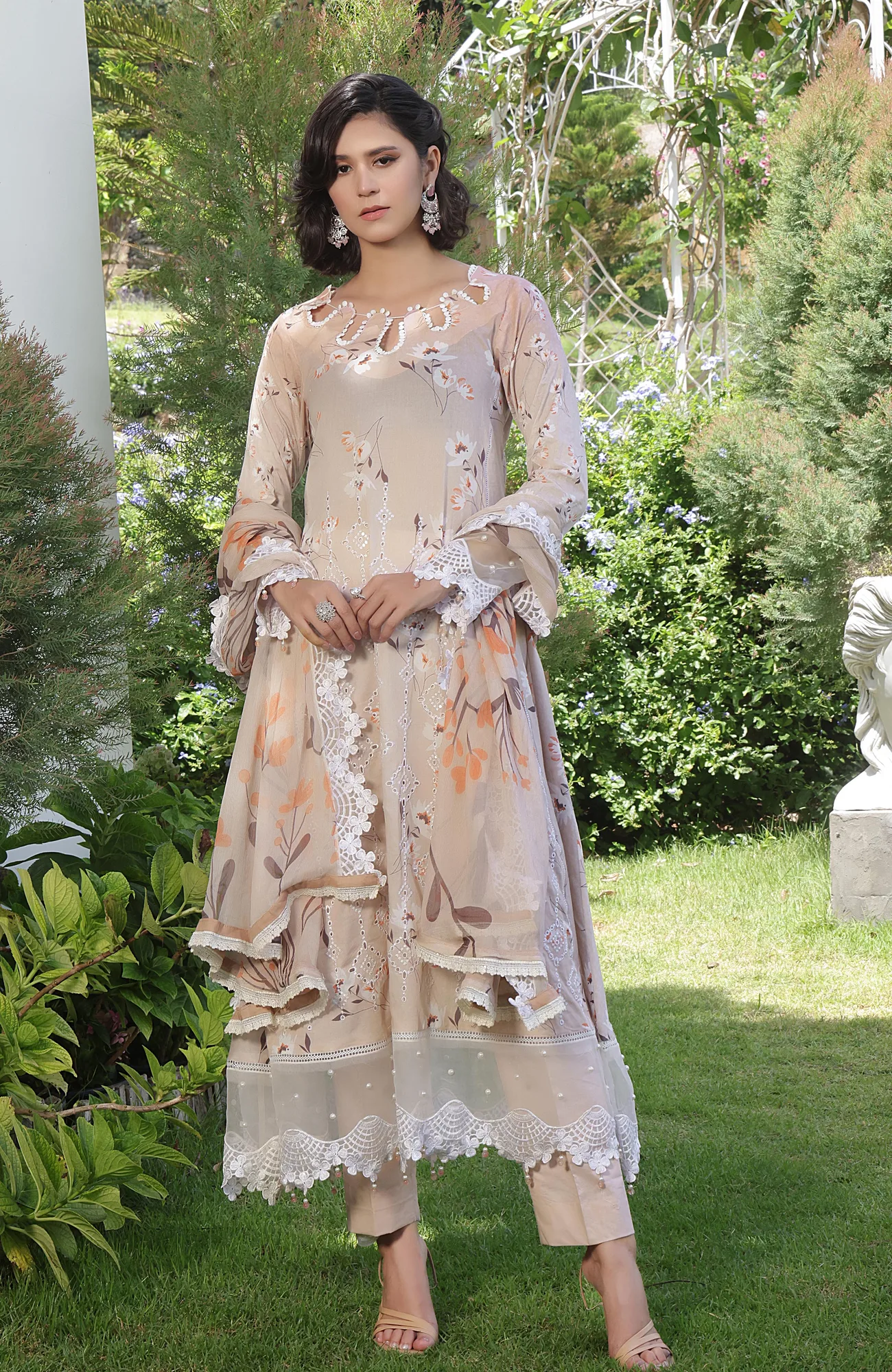 Peach cream chiffon long shirt with organza detailing – view 3 – Poshaq