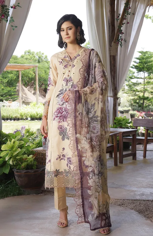 Pastel yellow long chiffon shirt with organza trim – view 1 – Poshaq