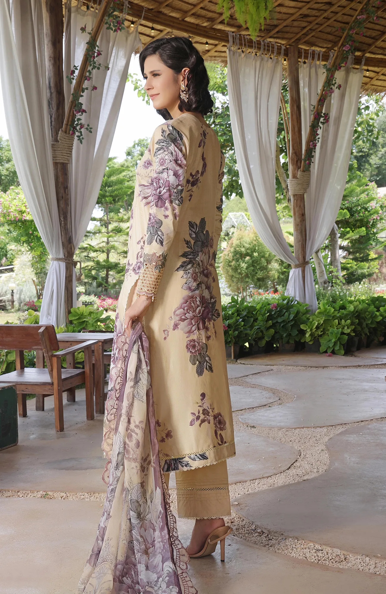 Pastel yellow long chiffon shirt with organza trim – view 2 – Poshaq