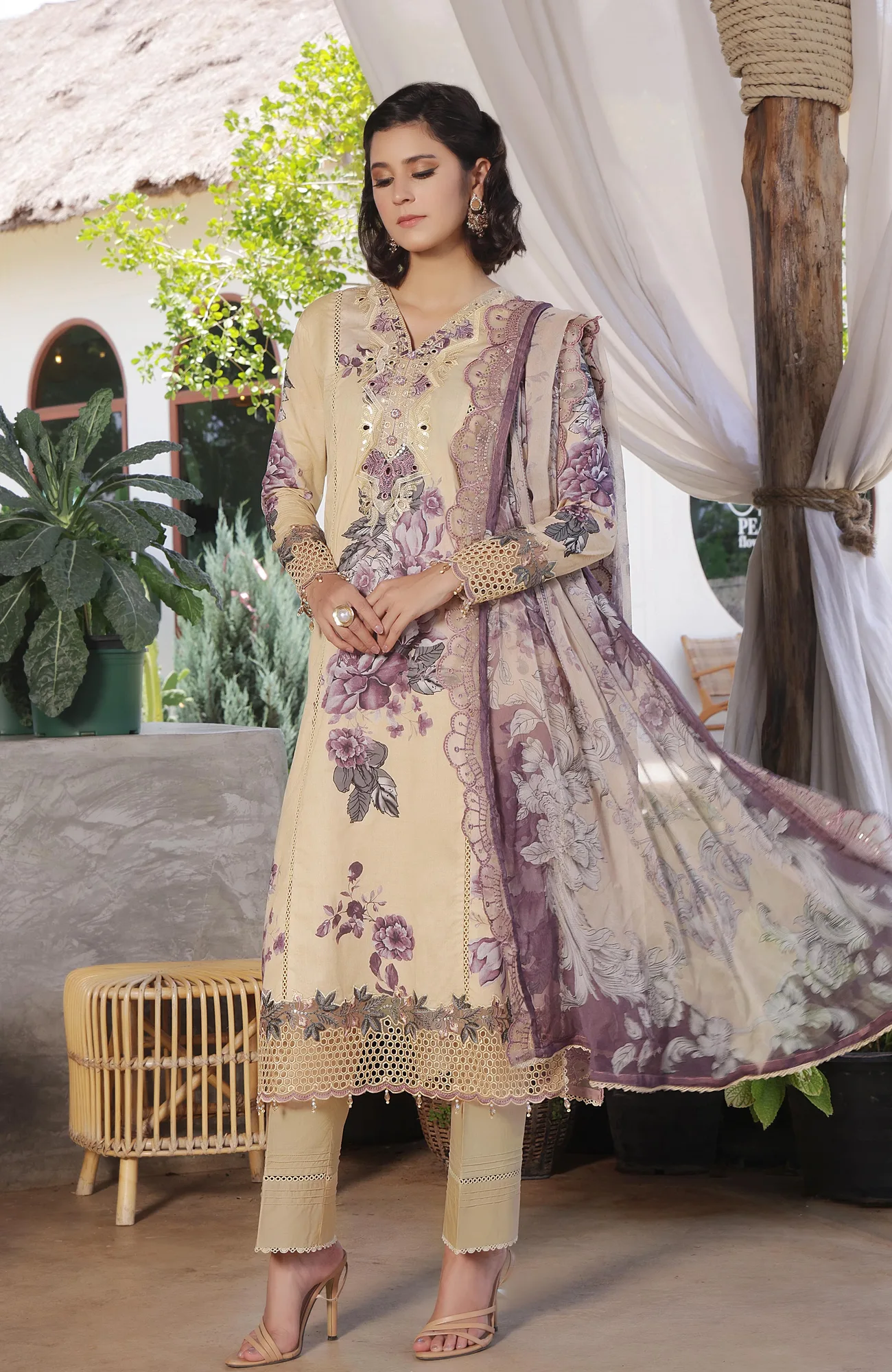 Pastel yellow long chiffon shirt with organza trim – view 3 – Poshaq