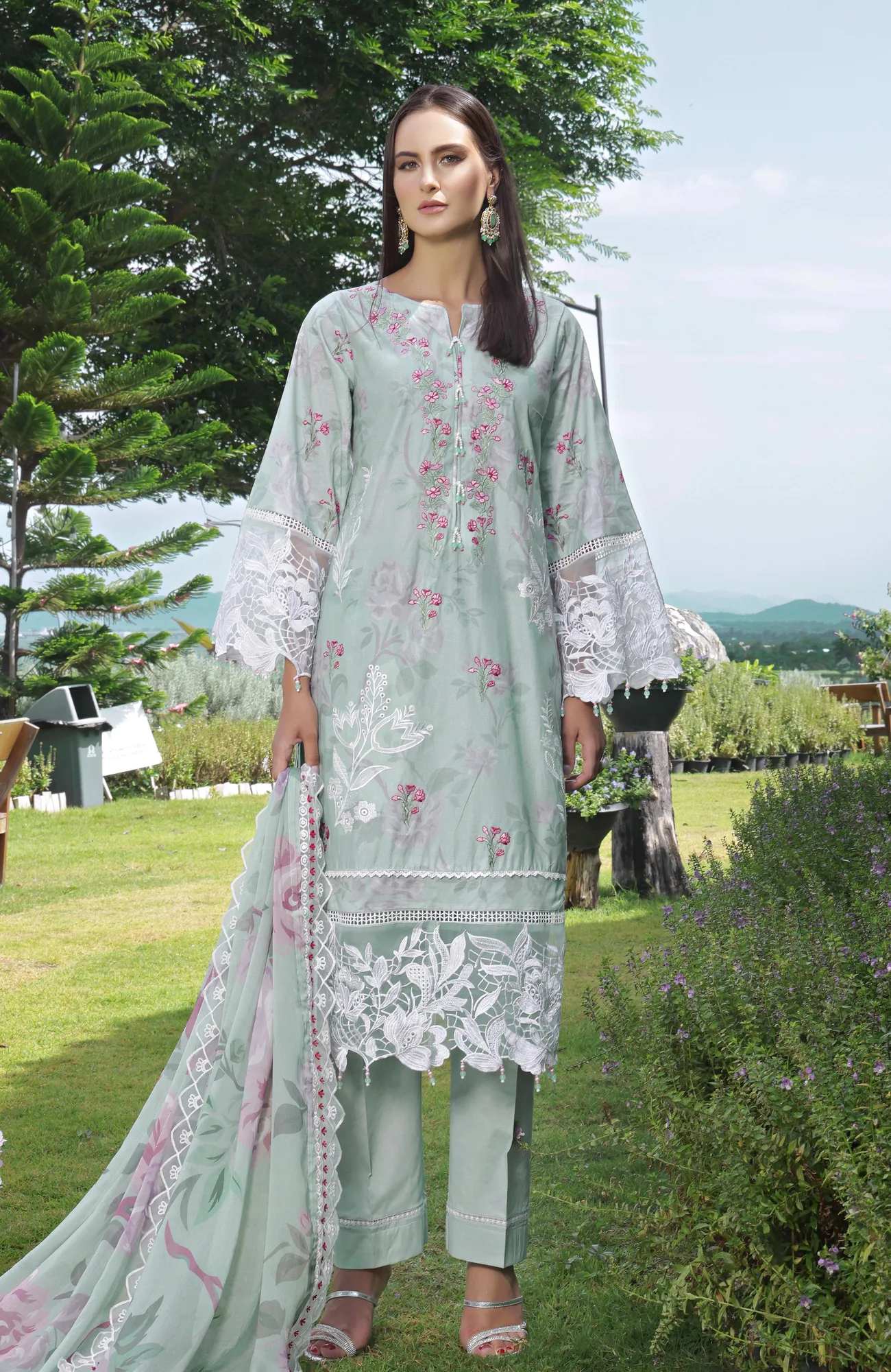 Light Ferozi organza and chiffon dress with flowing silhouette – view 1 – Poshaq