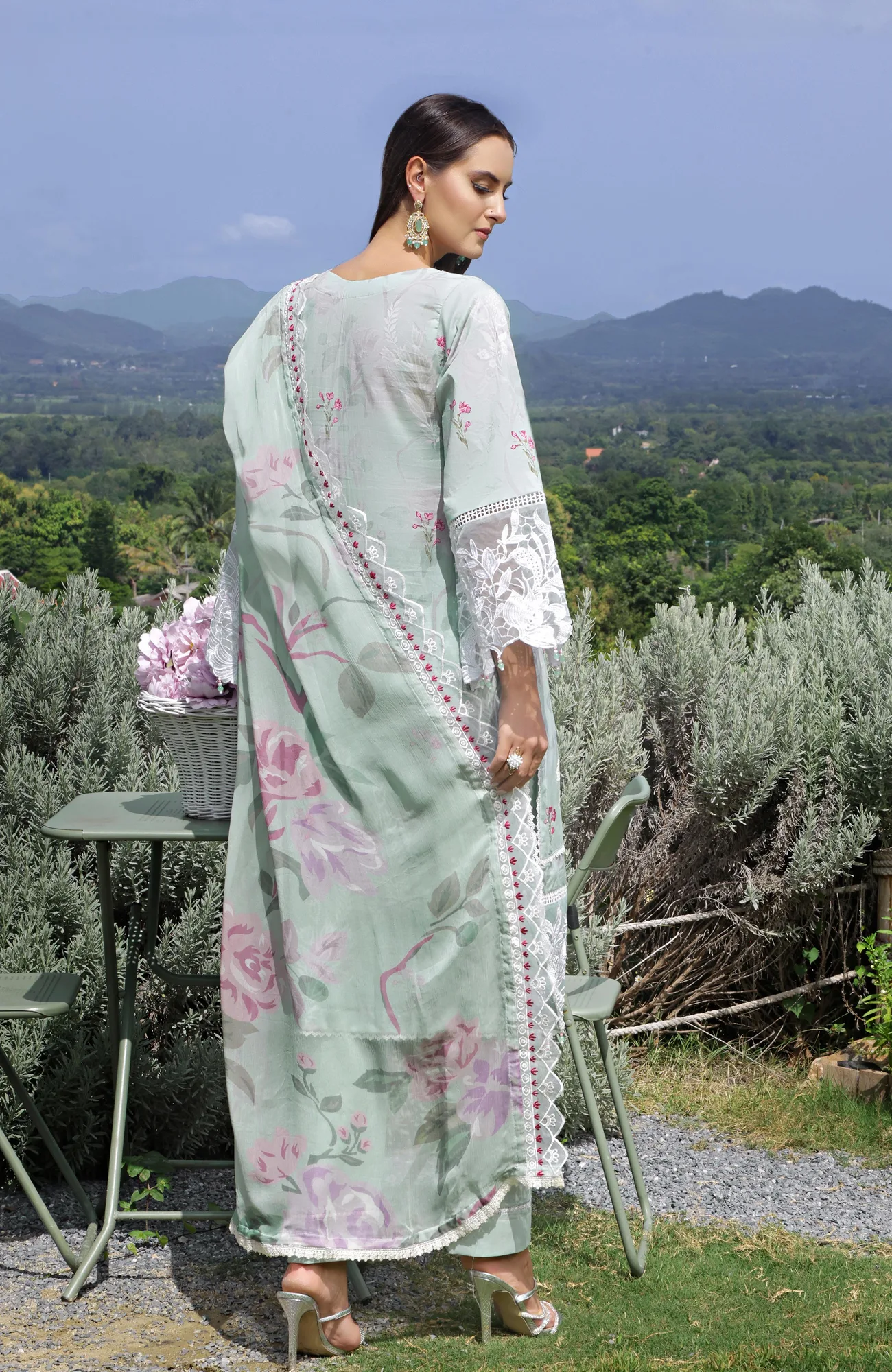 Light Ferozi organza and chiffon dress with flowing silhouette – view 2 – Poshaq