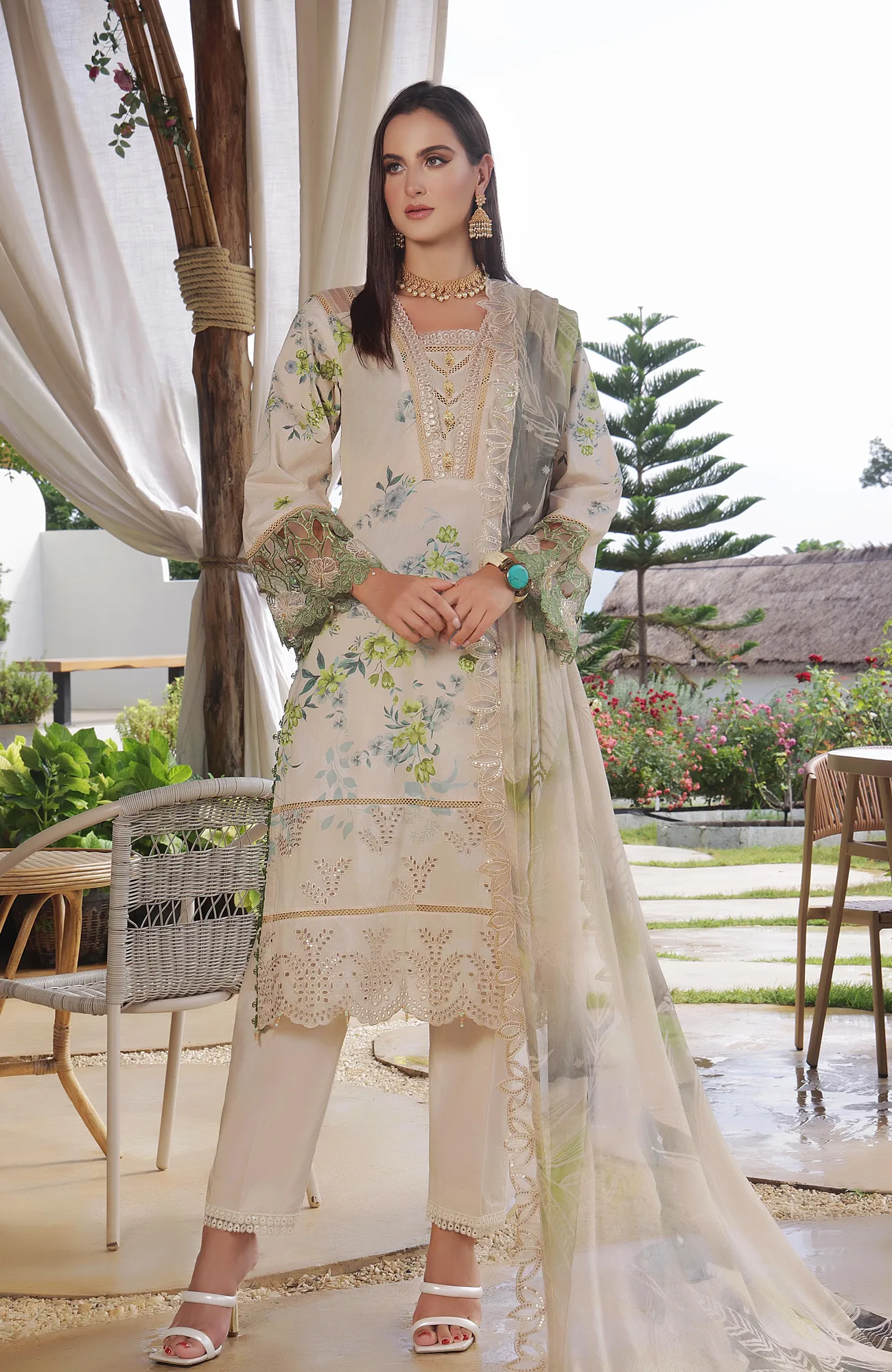 ivory casual dress with organza and chiffon detailing – view 1 – Poshaq