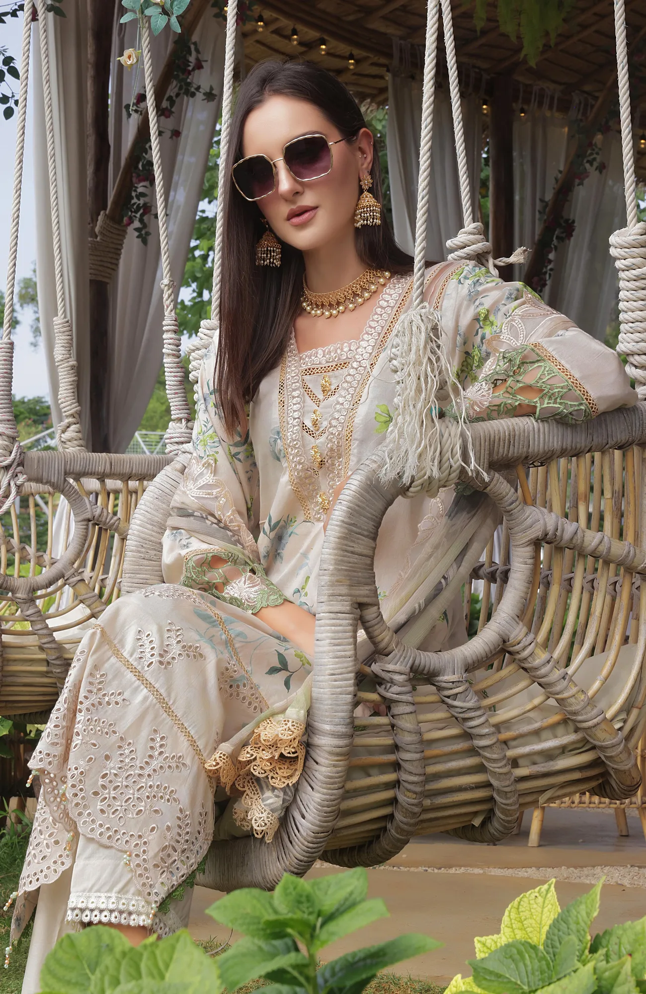 ivory casual dress with organza and chiffon detailing – view 2 – Poshaq