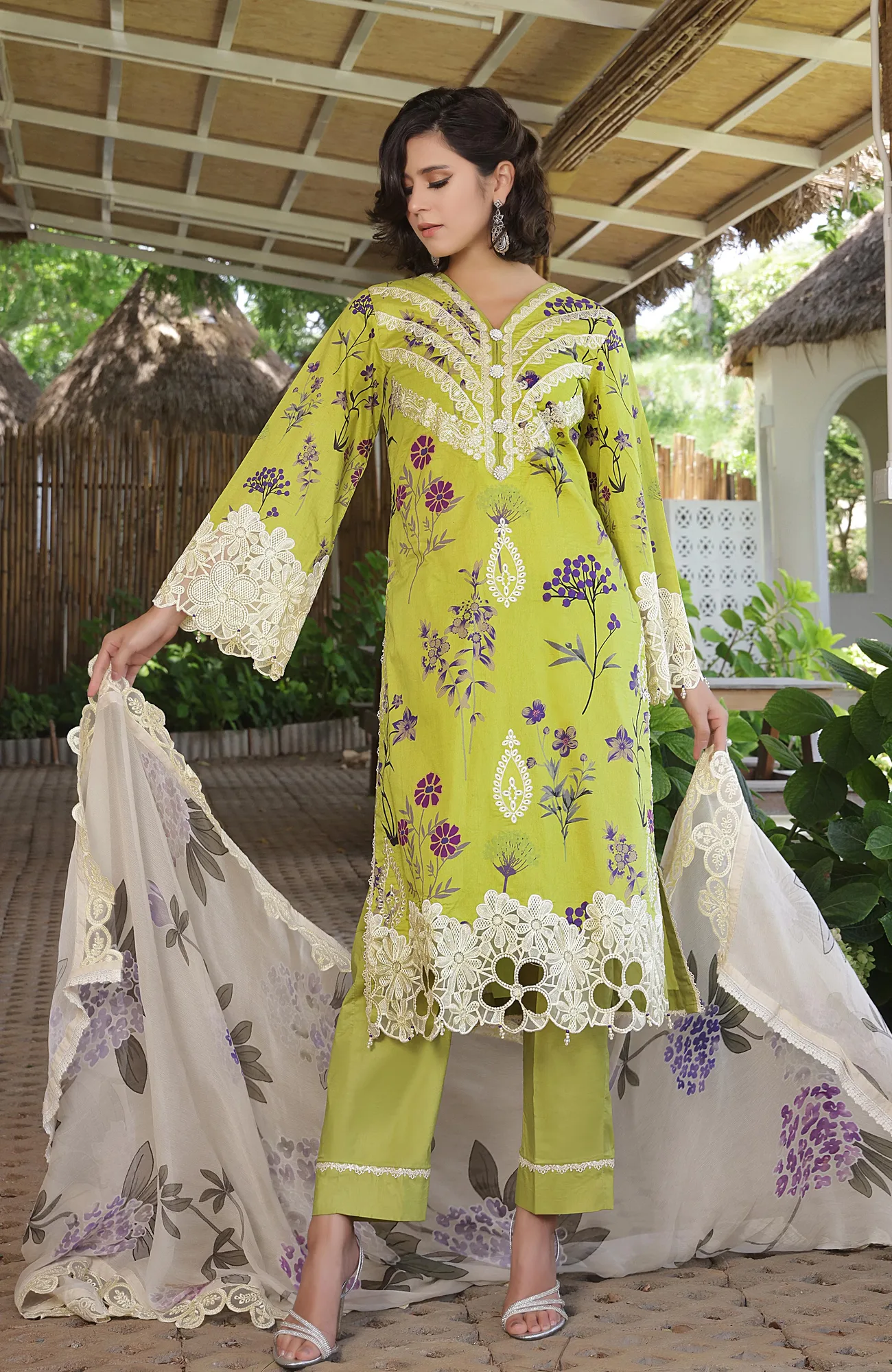 Lemon Yellow long shirt with organza and chiffon detailing – view 3 – Poshaq