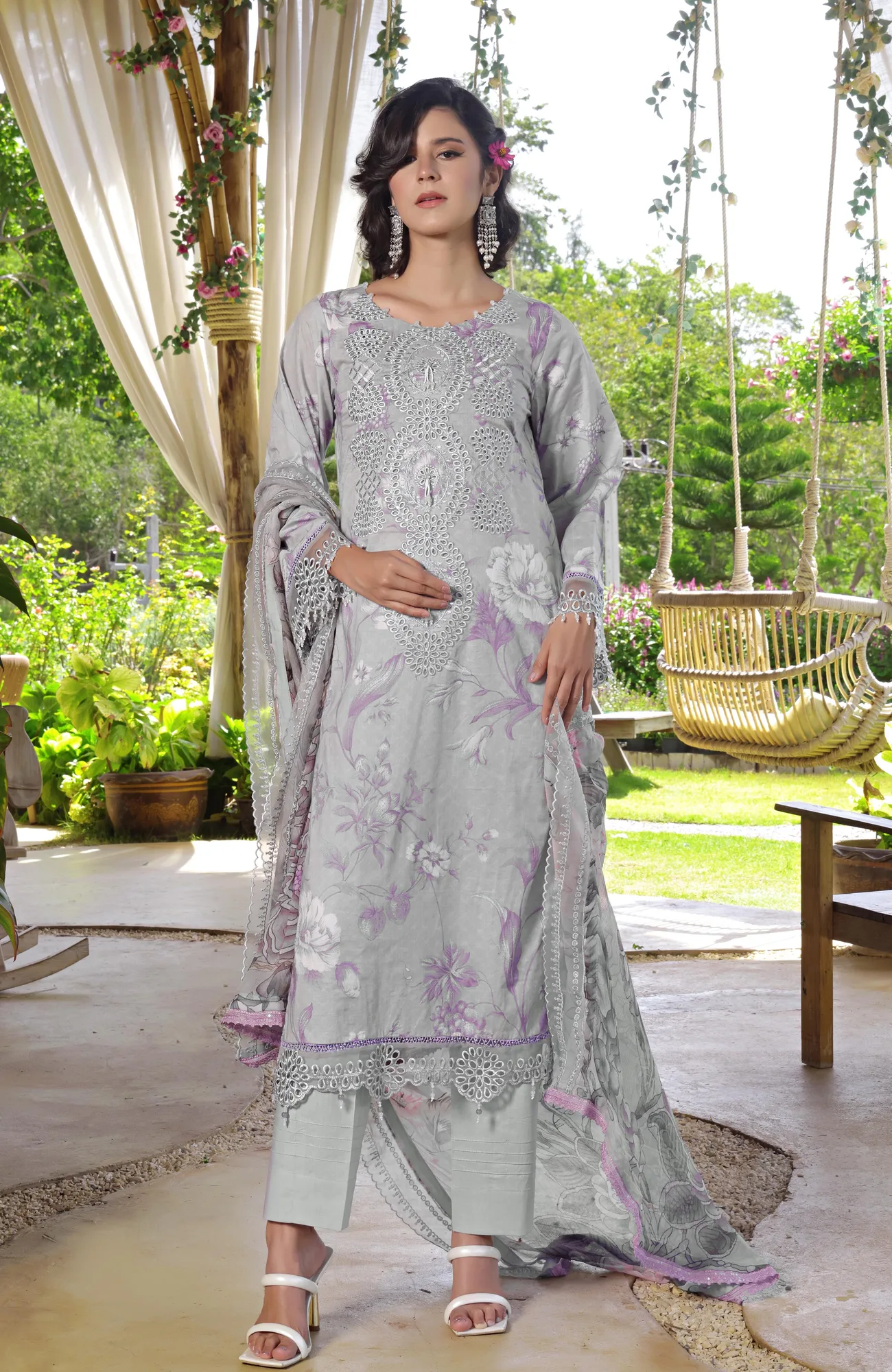 silver long shirt with organza and chiffon detailing – view 1 – Poshaq