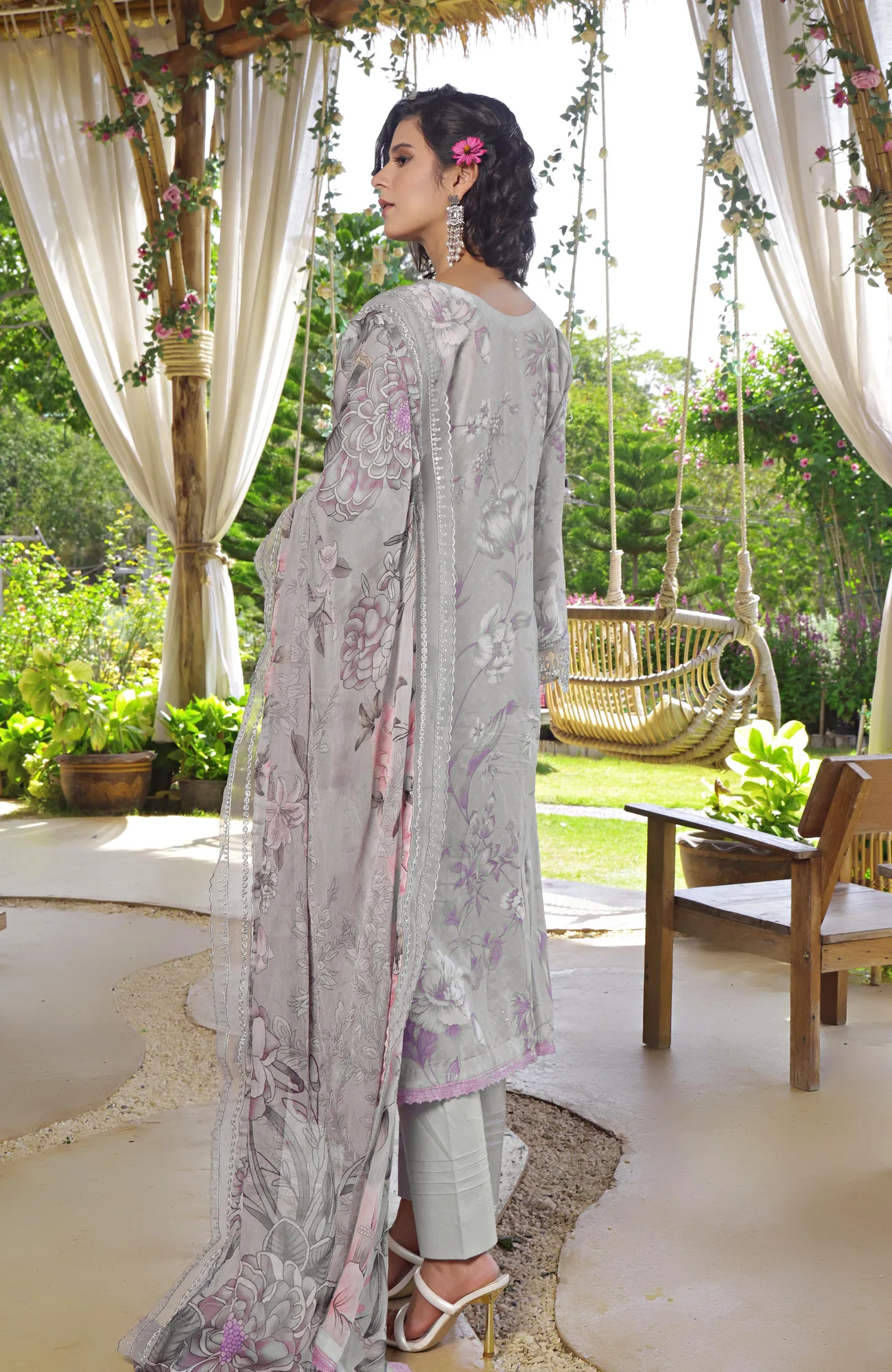 silver long shirt with organza and chiffon detailing – view 2 – Poshaq