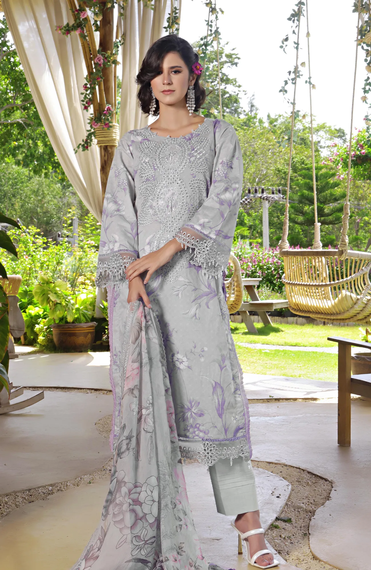 silver long shirt with organza and chiffon detailing – view 3 – Poshaq