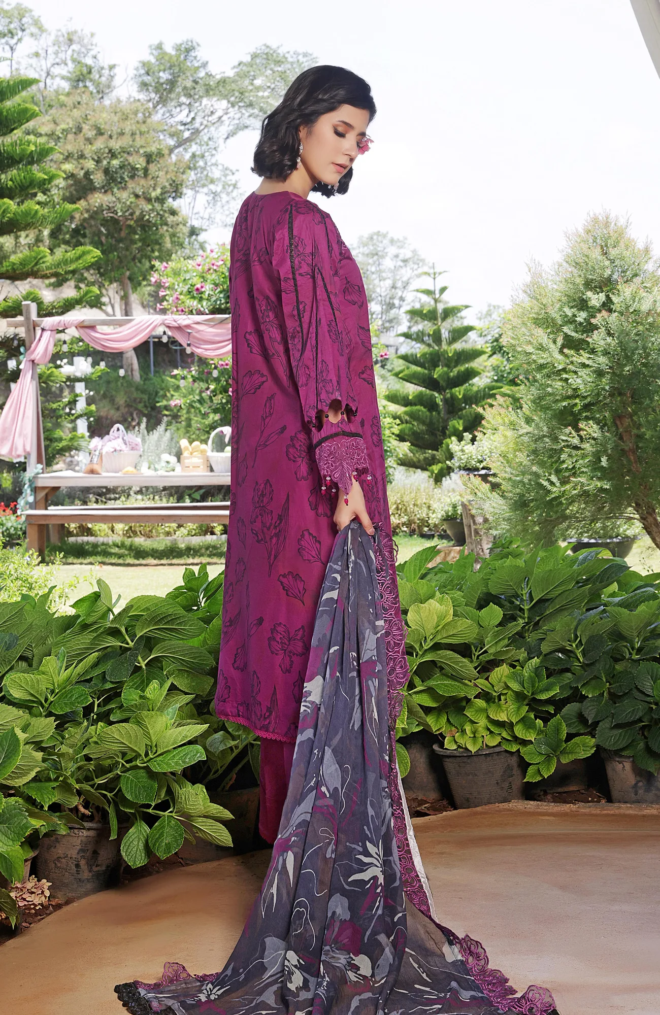 Magenta long shirt in organza and chiffon with subtle sheen – view 2 – Poshaq