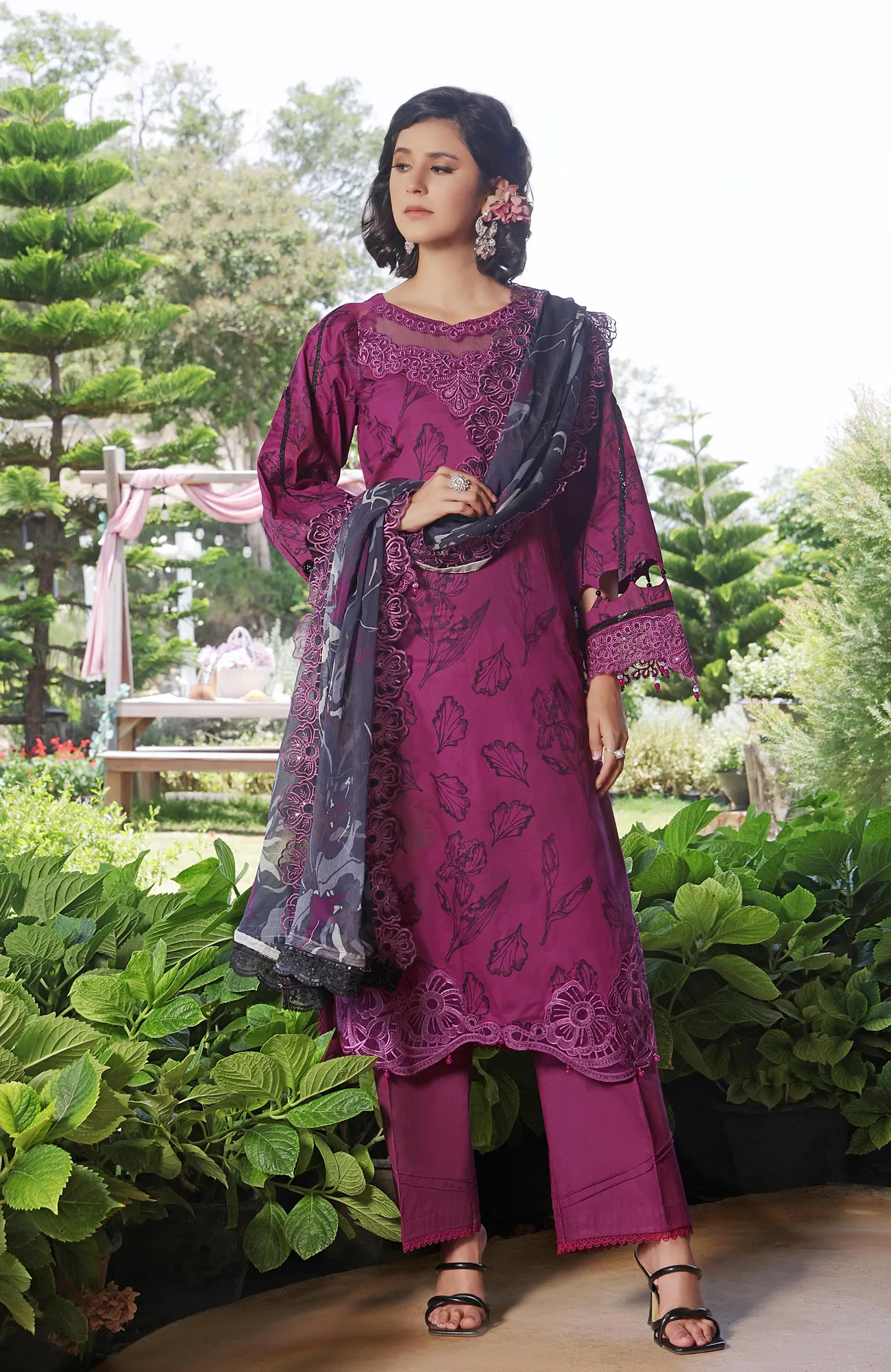 Magenta long shirt in organza and chiffon with subtle sheen – view 3 – Poshaq