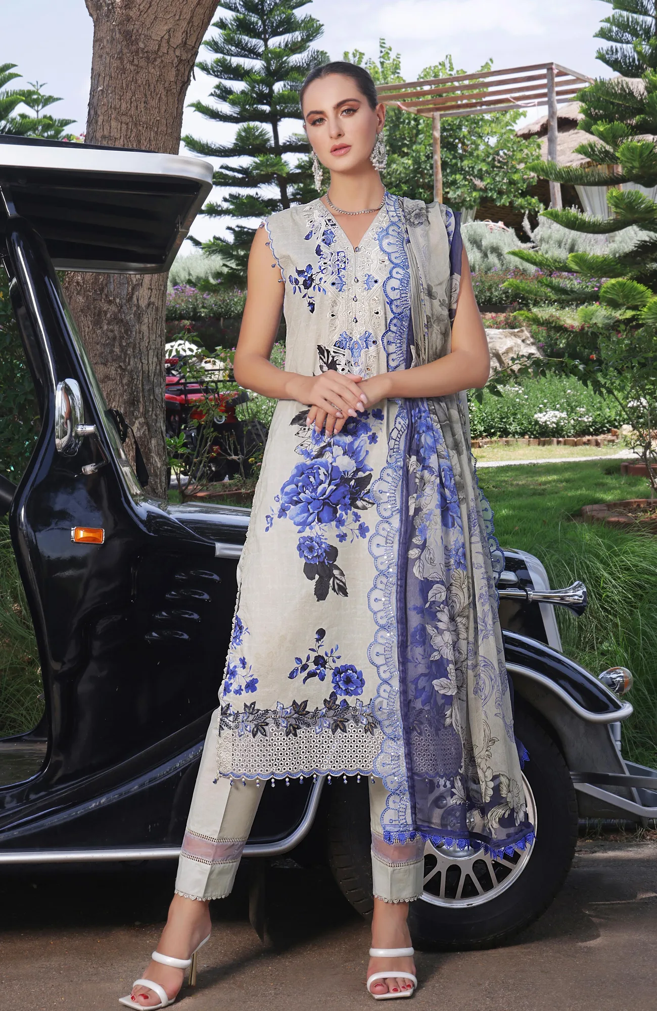 Ivory chiffon long shirt with organza trim and embroidered details – view 1 – Poshaq