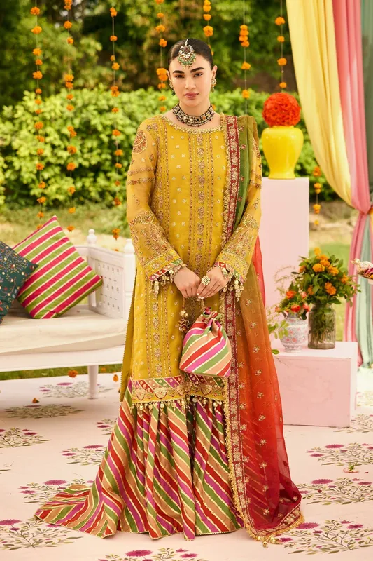 Mustard yellow silk and chiffon dress with net overlay and zari detailing – view 1 – Poshaq