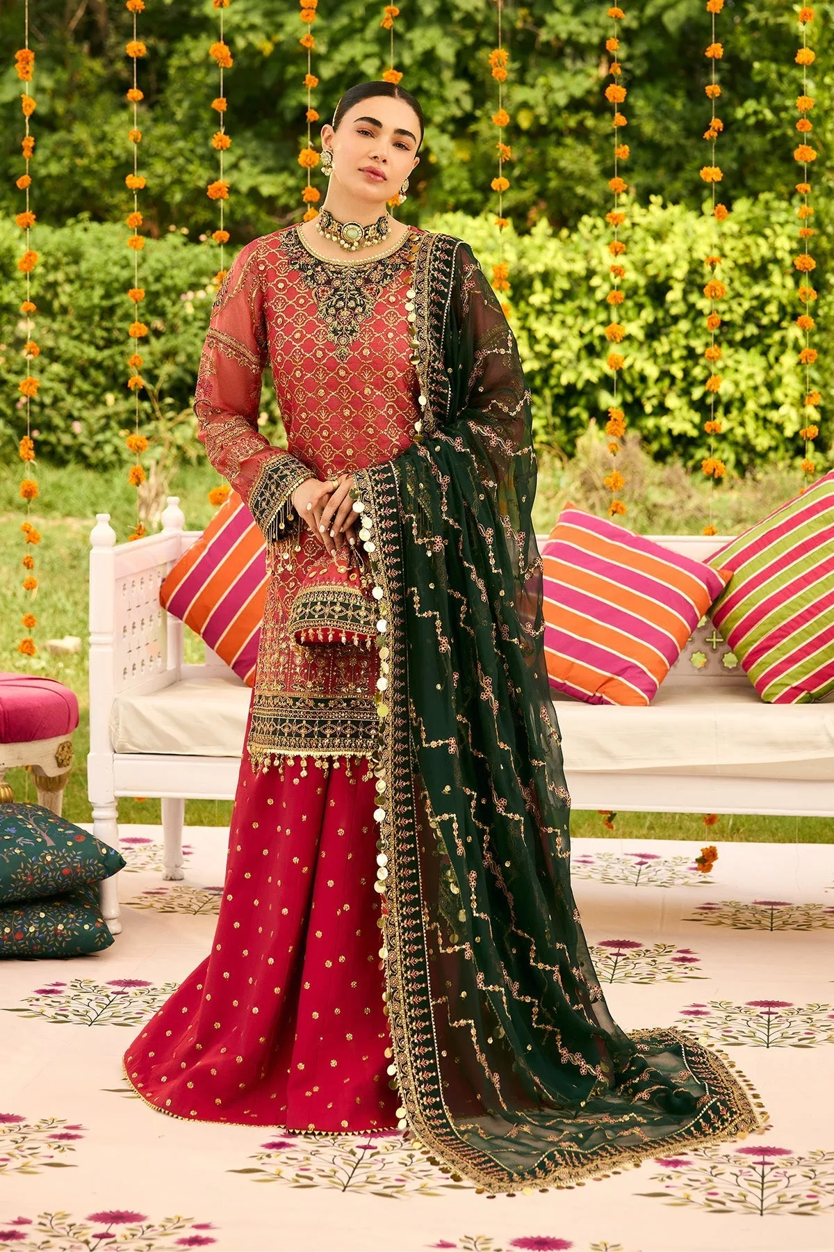 Carrot pink formal kameez with raw silk trousers, featuring a zari net front and organza neckline – view 1 – Poshaq