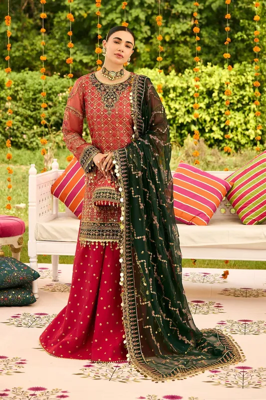 Carrot pink formal kameez with raw silk trousers, featuring a zari net front and organza neckline – view 1 – Poshaq