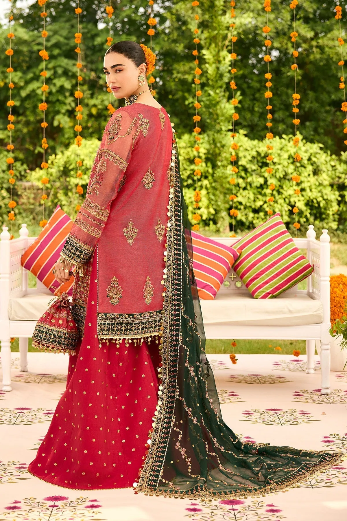 Carrot pink formal kameez with raw silk trousers, featuring a zari net front and organza neckline – view 2 – Poshaq