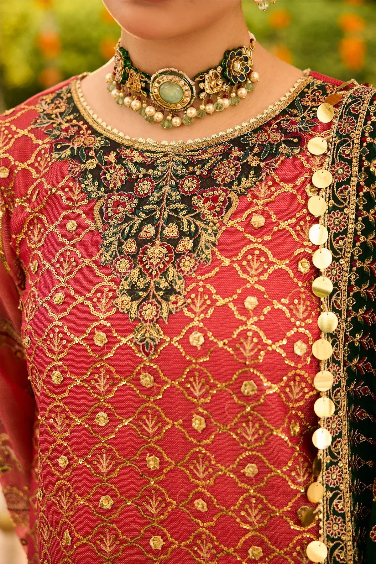 Carrot pink formal kameez with raw silk trousers, featuring a zari net front and organza neckline – view 3 – Poshaq