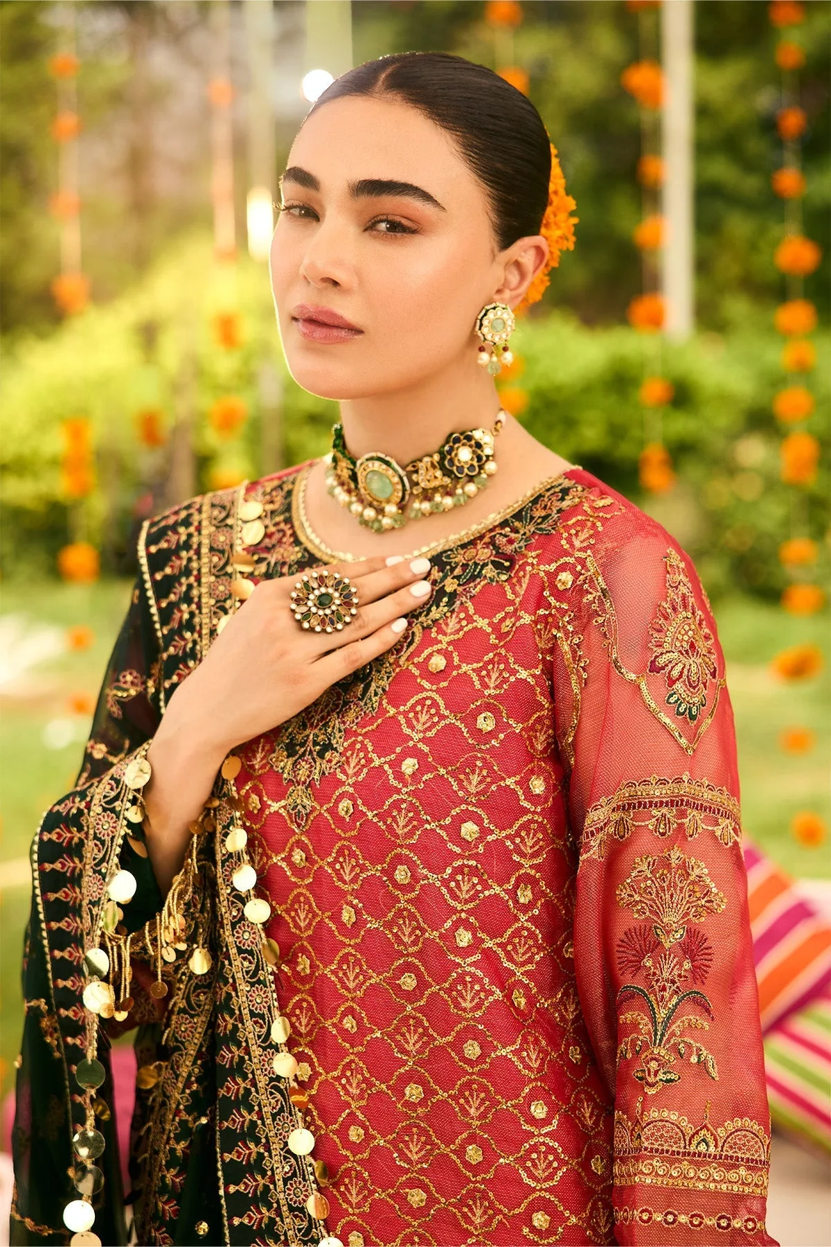 Carrot pink formal kameez with raw silk trousers, featuring a zari net front and organza neckline – view 4 – Poshaq