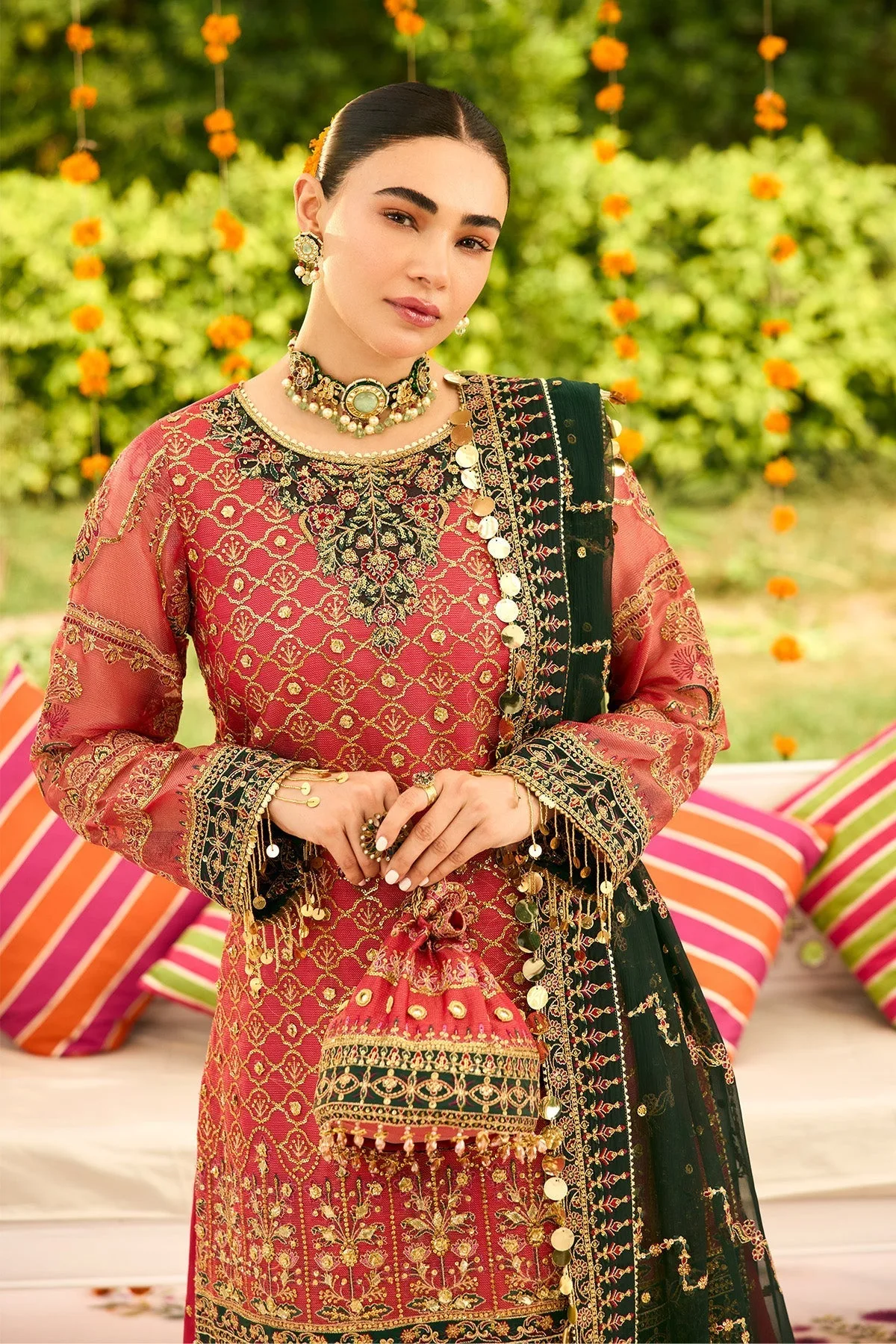 Carrot pink formal kameez with raw silk trousers, featuring a zari net front and organza neckline – view 5 – Poshaq