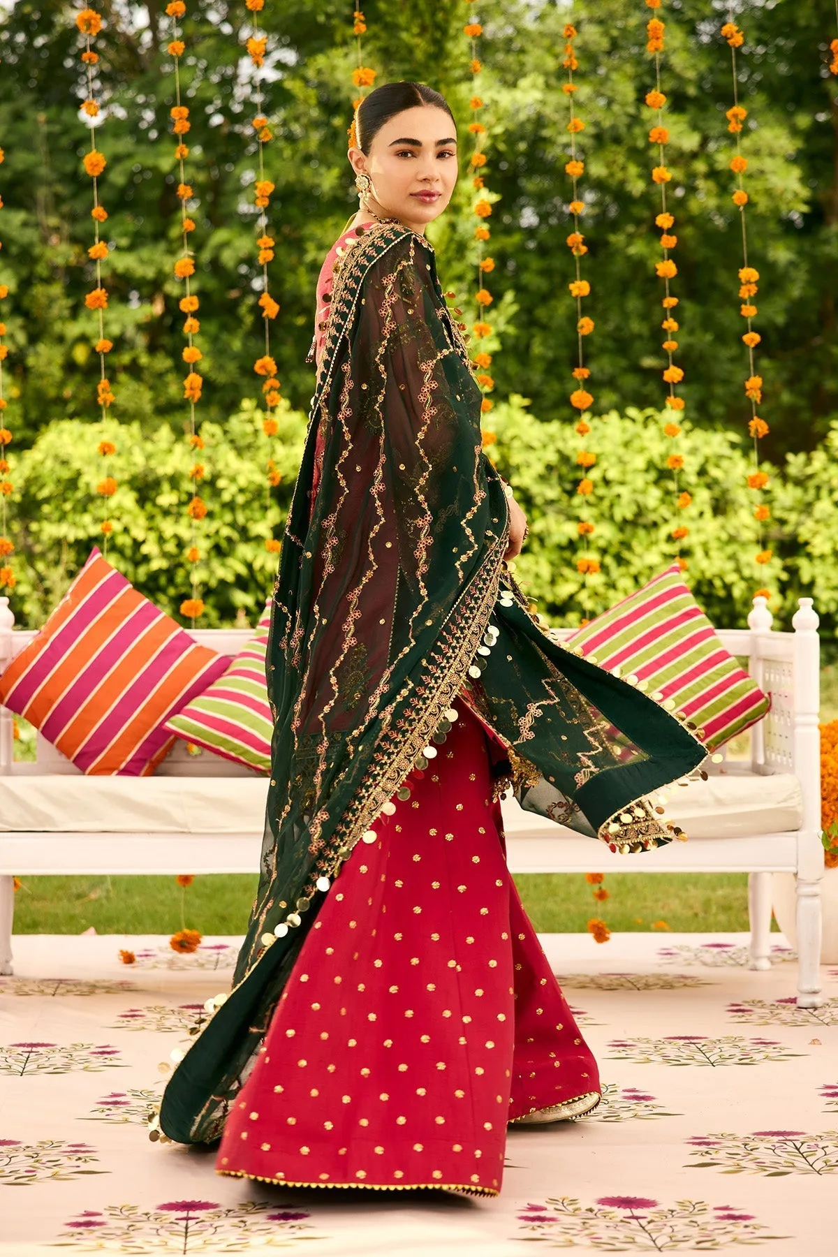 Carrot pink formal kameez with raw silk trousers, featuring a zari net front and organza neckline – view 6 – Poshaq