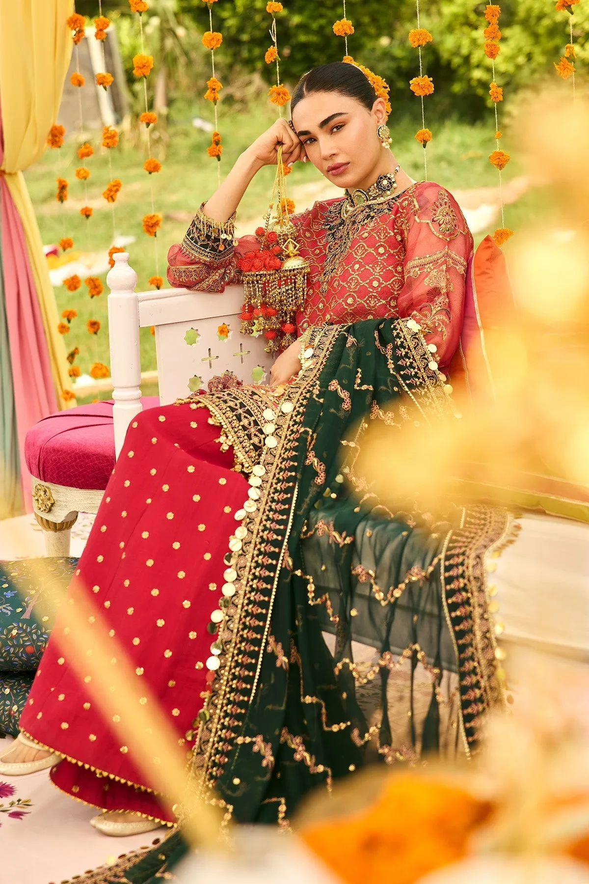 Carrot pink formal kameez with raw silk trousers, featuring a zari net front and organza neckline – view 7 – Poshaq
