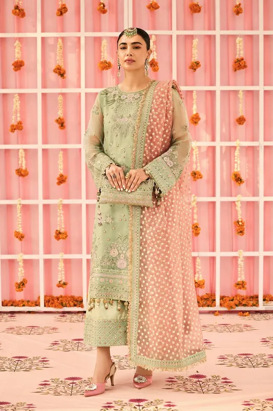 Mint green long shirt with Zari net detailing – view 1 – Poshaq
