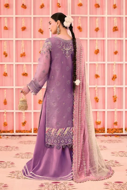 plum zari net dress with organza neckline and matching dupatta – view 2 – Poshaq