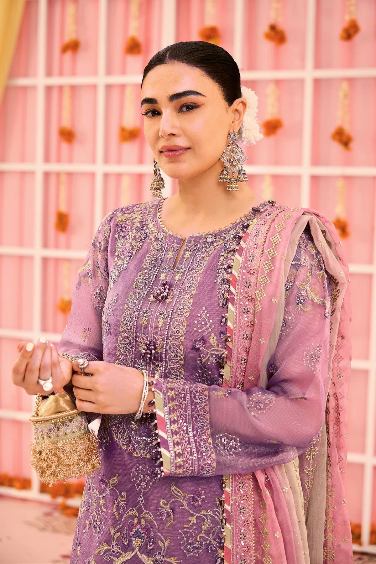 plum zari net dress with organza neckline and matching dupatta – view 3 – Poshaq