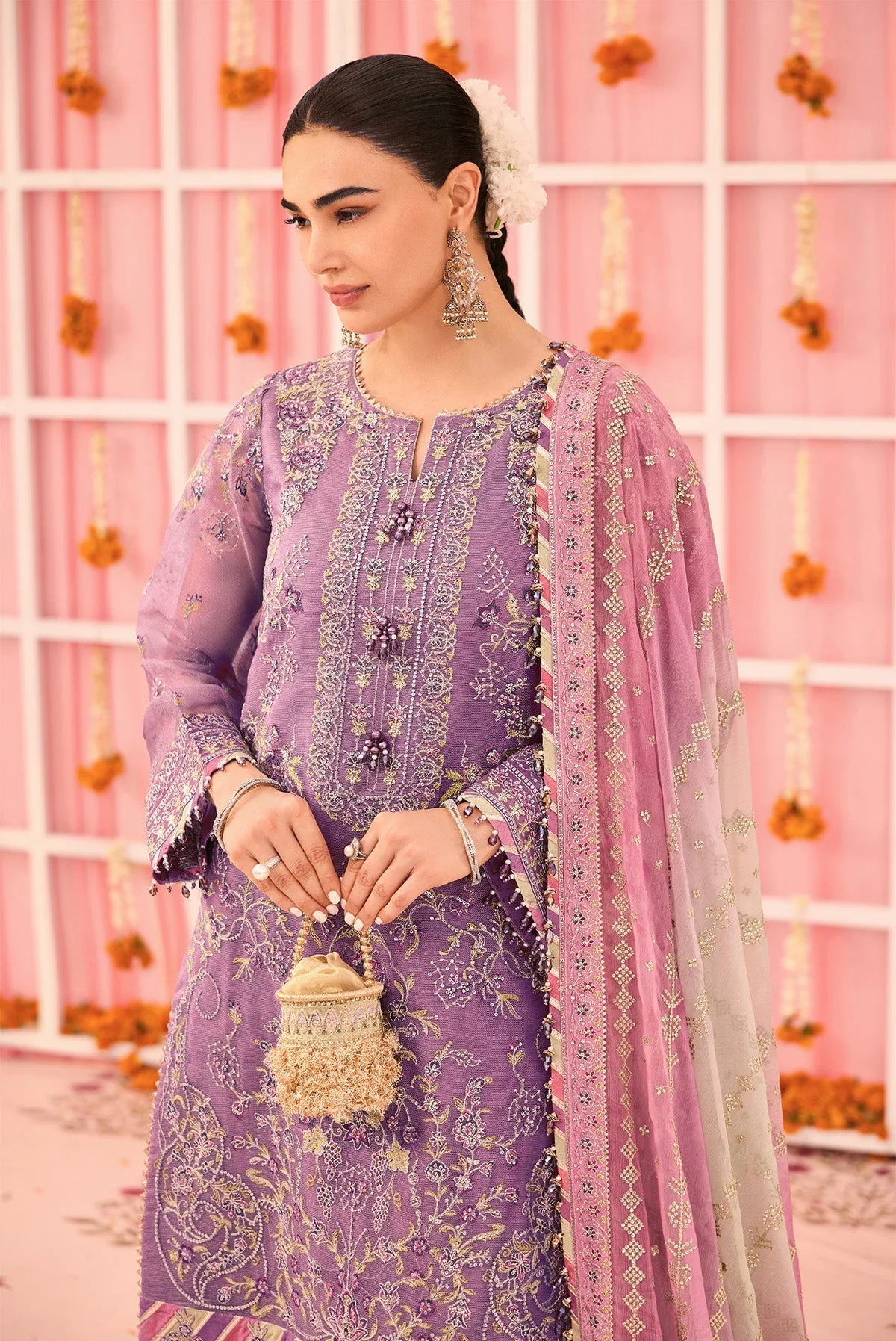 plum zari net dress with organza neckline and matching dupatta – view 4 – Poshaq